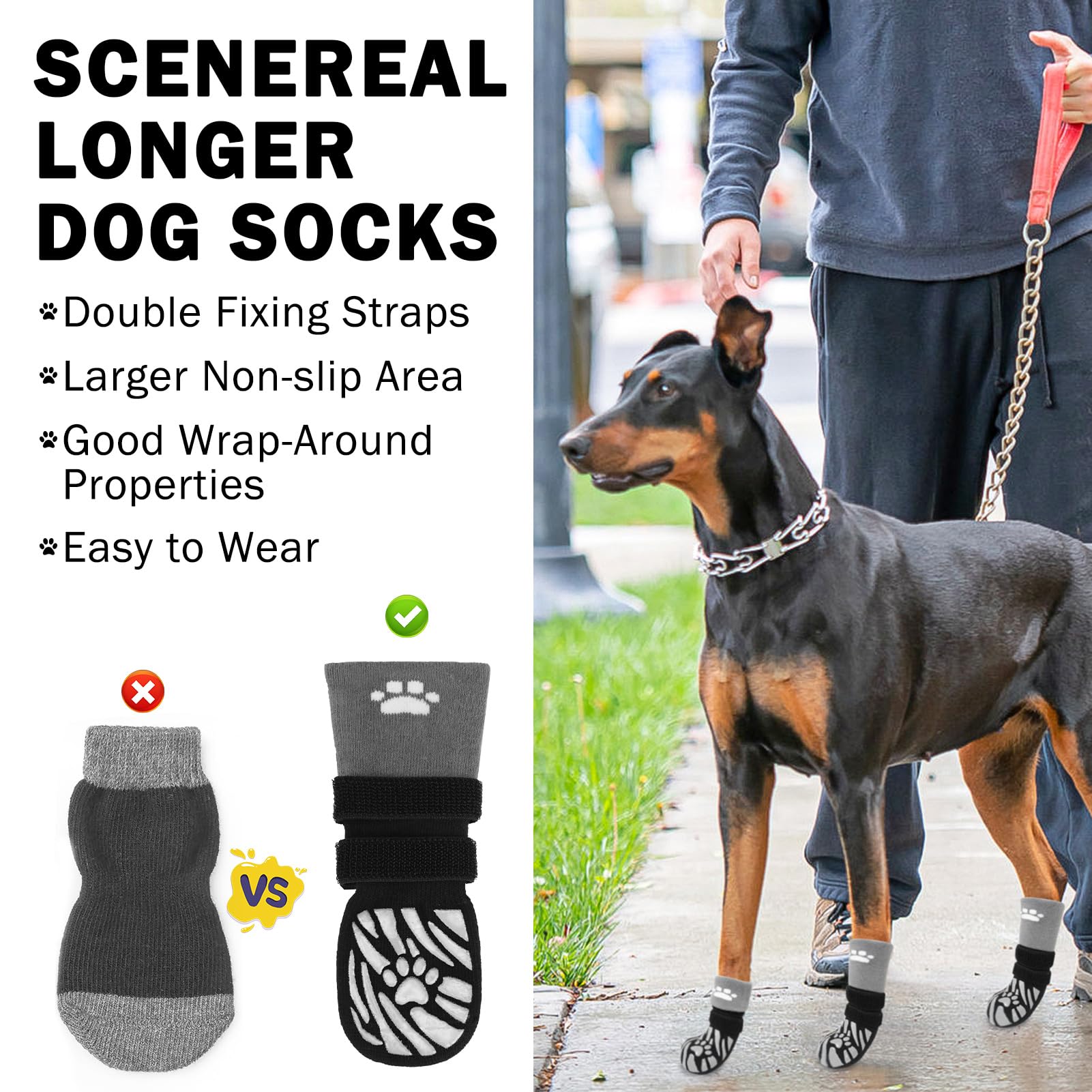 SCENEREAL Dog Socks - Licking Prevention, Grippy Booties, M Size, Black, for Hot/Cold Pavement, Senior Dogs, Pack of 4