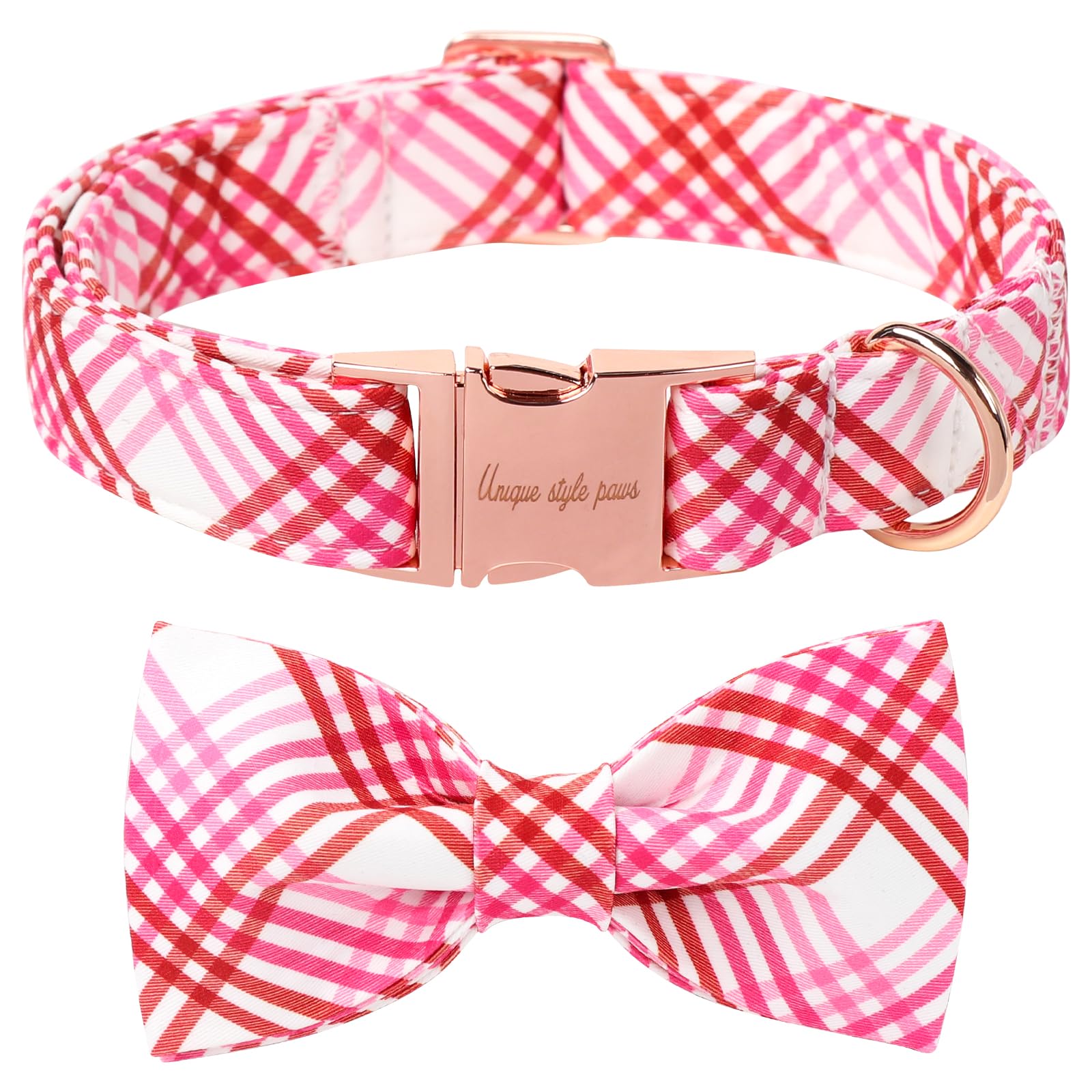 Unique Style Paws Cotton Dog Collar With Bow Spring Summer Collar With Red White Grid For Small Medium Large Boys Girls Dogs
