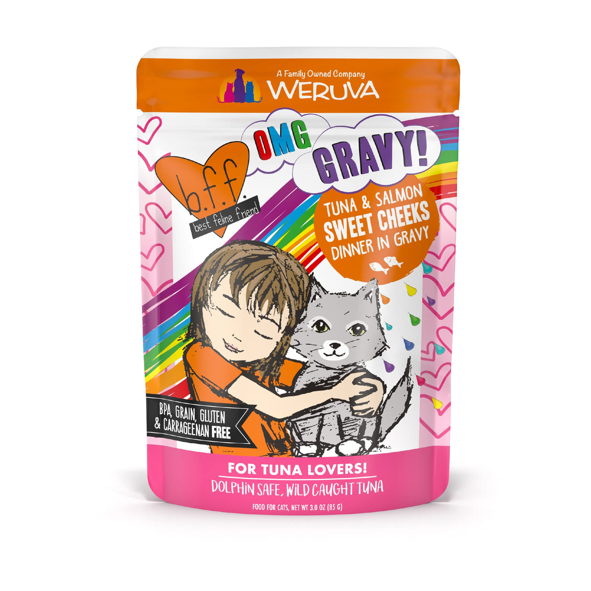 Weruva B.F.F. Omg - Best Feline Friend Oh My Gravy!, Tuna & Salmon Sweet Cheeks With Tuna & Salmon In Gravy Cat Food, 3Oz Pouch (Pack Of 12)