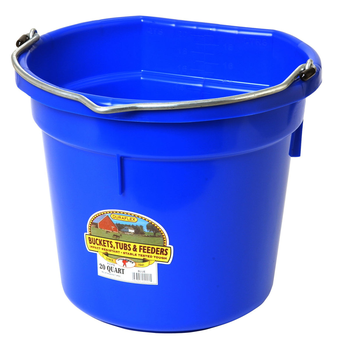 Little Giant® Flat Back Plastic Animal Feed Bucket | Animal Feed Bucket With Metal Handle | Horse Feed & Water Bucket | 20 Quarts | Blue