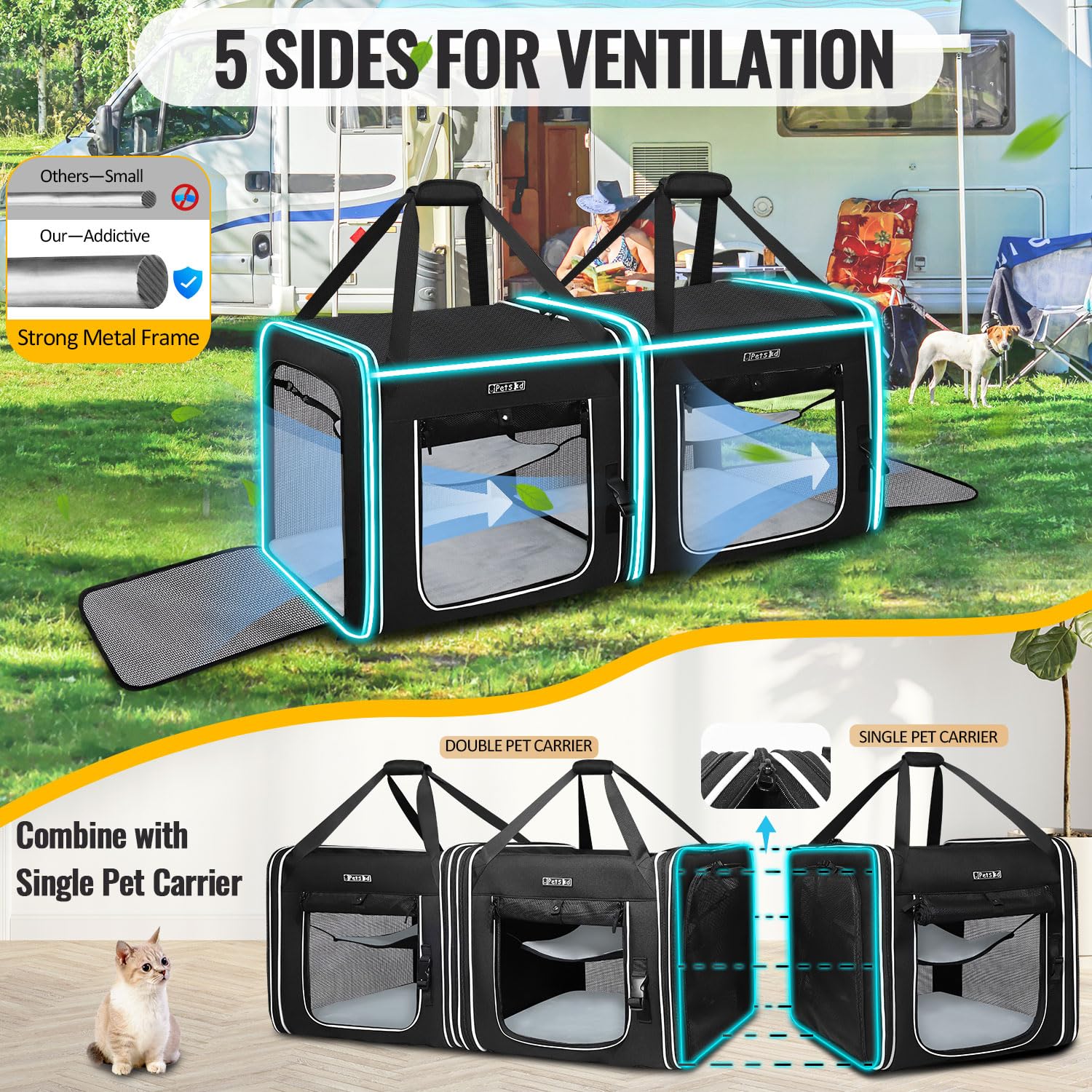 Petskd Portable Double Cat Carrier With Litter Box For Multiple Cats 2In1 Car Travel Carriers 36X17X17In Dual Large Cat Carrier