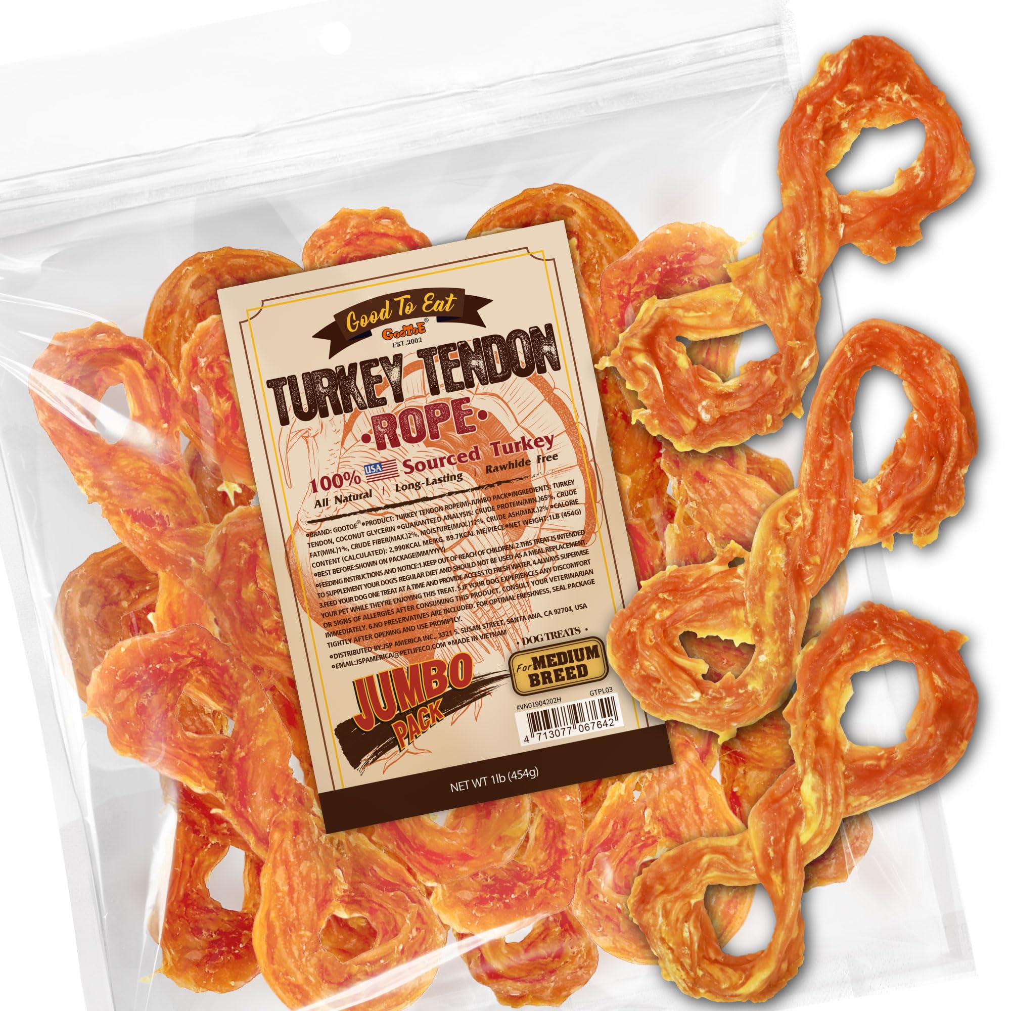 Gootoe Turkey Tendon Dog Treats, Rope (M) 1 lb, 100% USA Sourced Turkey, Natural Snack, Premium Puppy Chews, Hypoallergenic, Raw