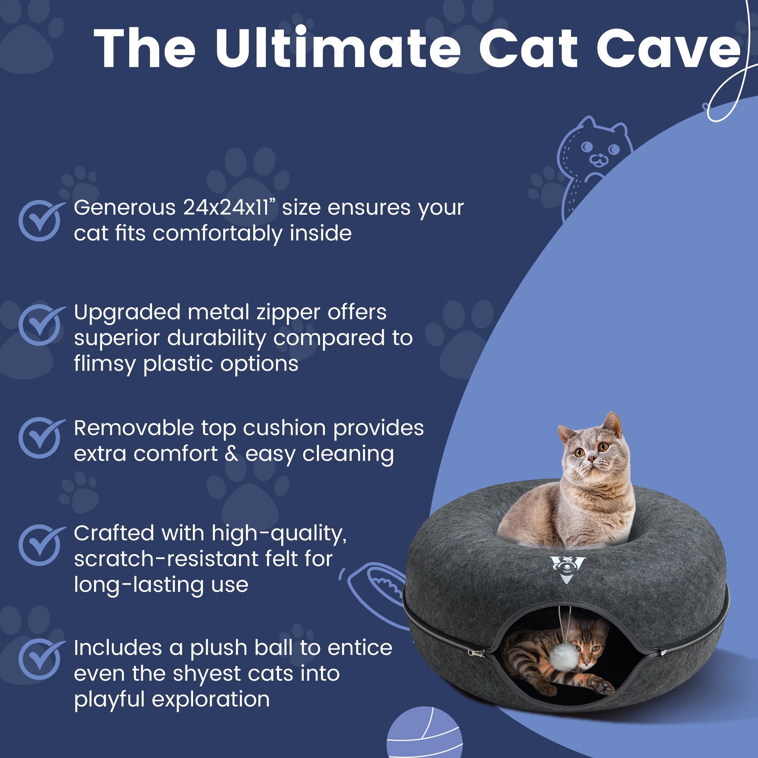 Premium Large Size 24 Inch Cat Tunnel Bed - With Upgraded Metal Zipper - Detachable Round Design - Washable - And Scratch Resist