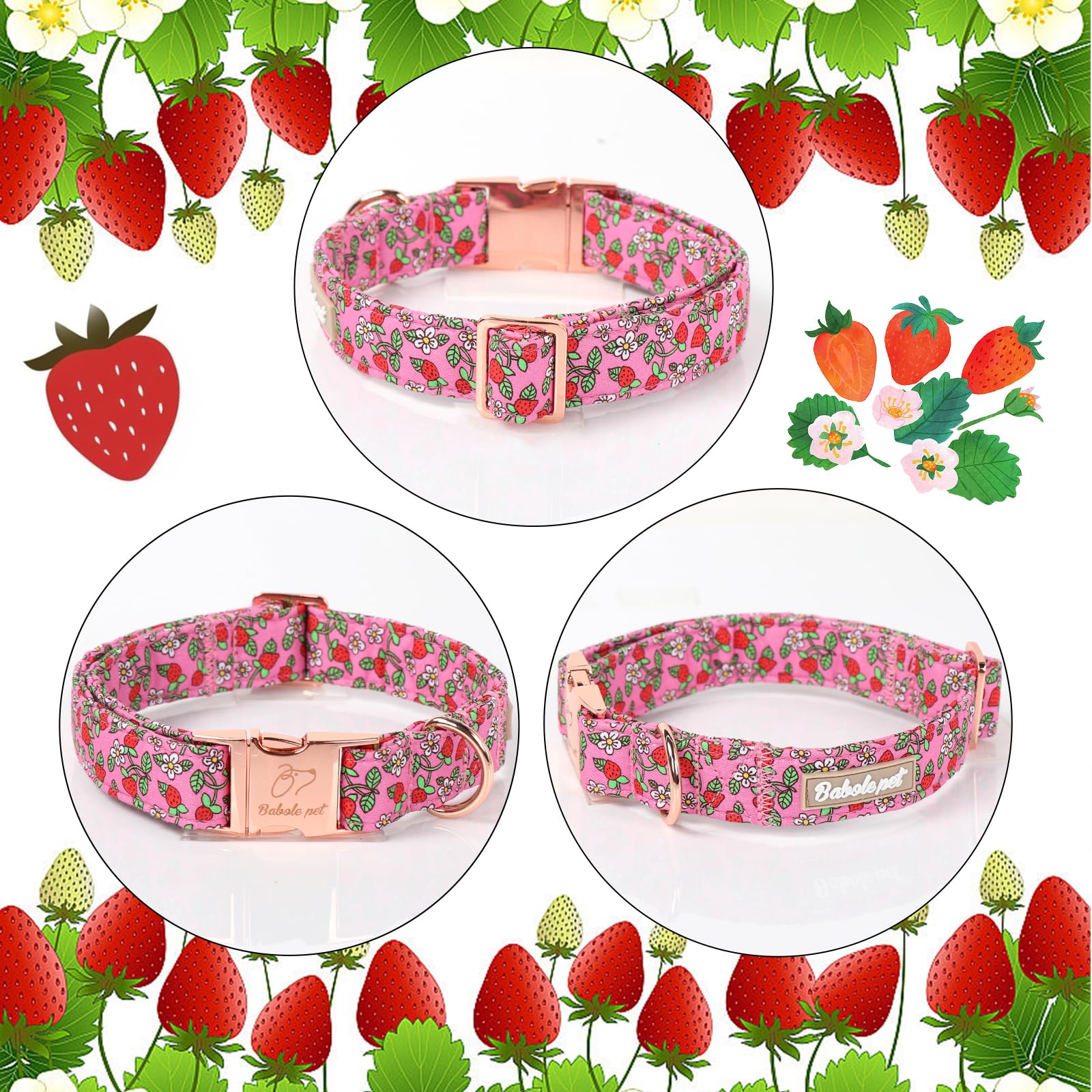 Babole Pet Sweet Strawberry Dog Collar, Cute Pink Summer Pet Collar With Metal Buckel, Durable Adjustable Designer Dog Collars F