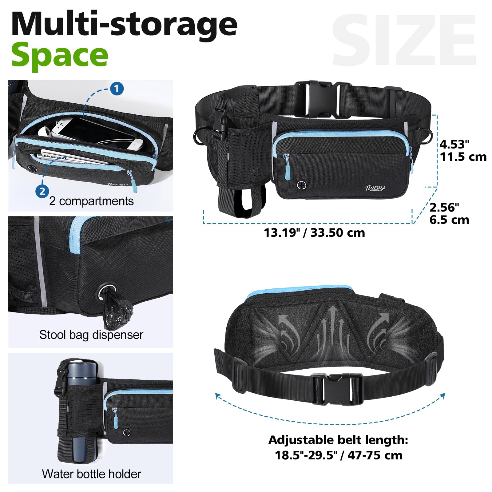 Tivray Hands Free Dog Leash 2 Dogs, Adjustable Waist Leash for Dog Walking with Dual Bungees Padded Handle, Shock Absorbing Hand