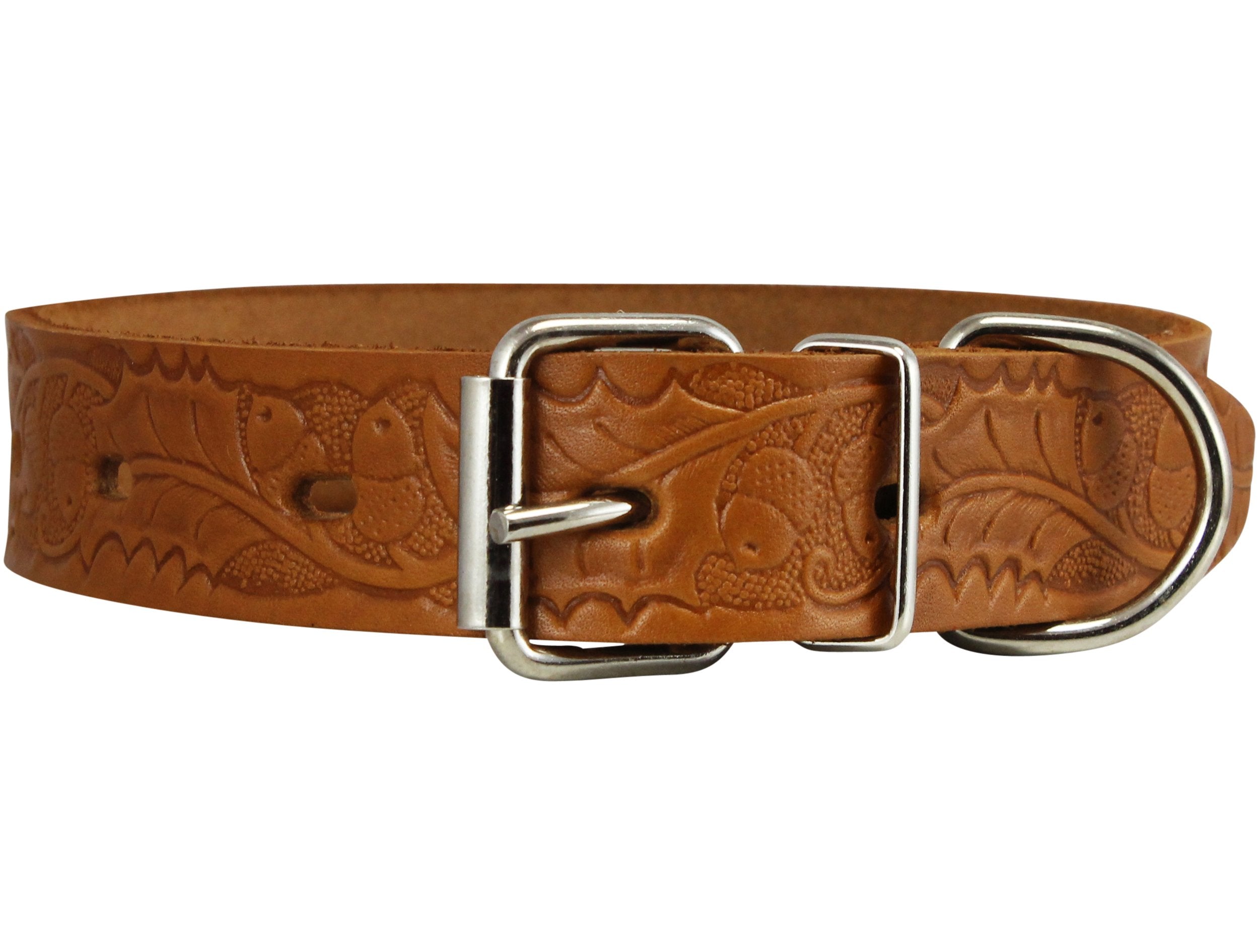 Genuine Tooled Leather Dog Collar Floral Pattern Tan 3 Sizes (Neck Circumf: 10.5'-14'; 1' Wide)