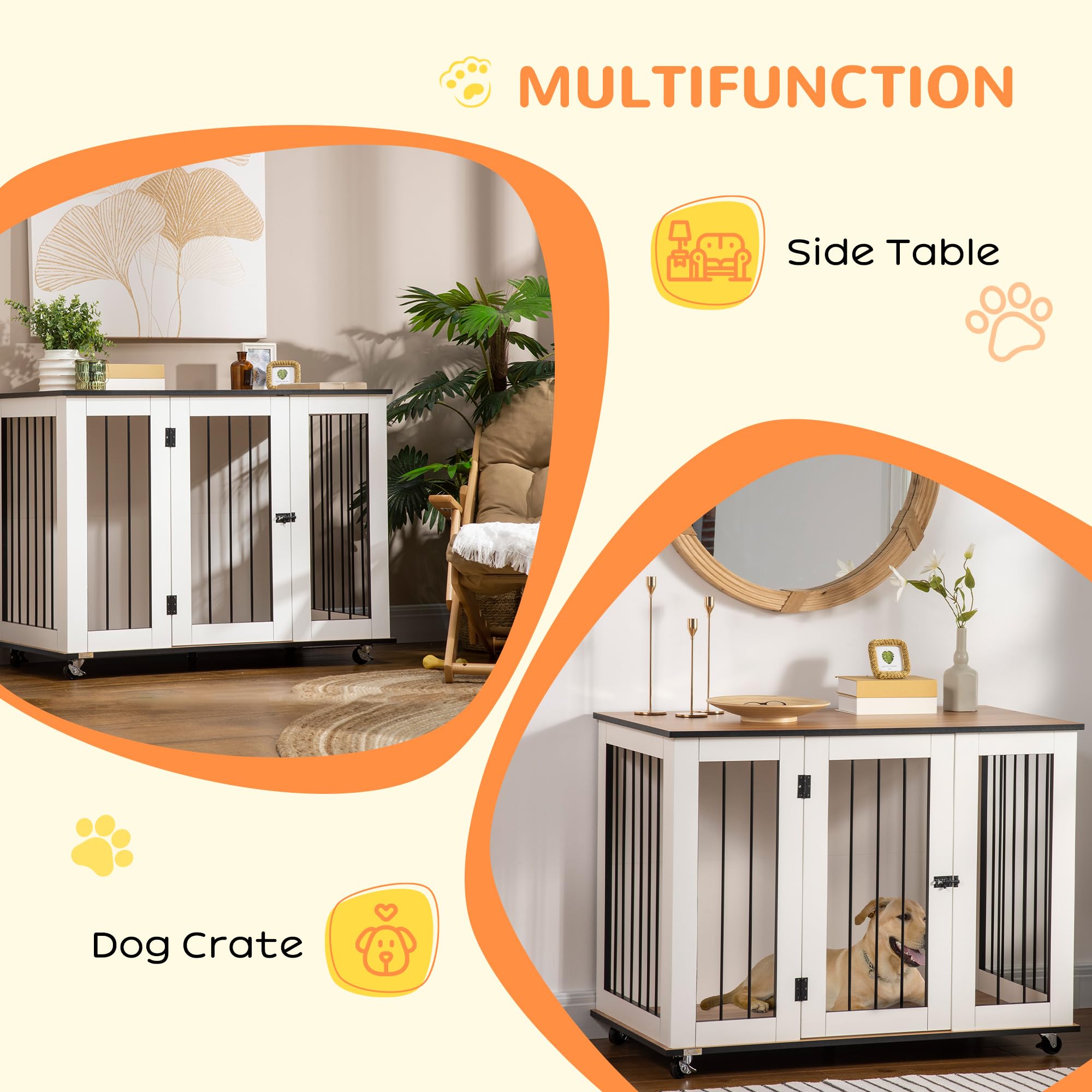 PawHut Dog Cage End Table - Lockable Door, Engineered Wood, 106cm L x 60cm W x 82cm H, White, Model D02-086