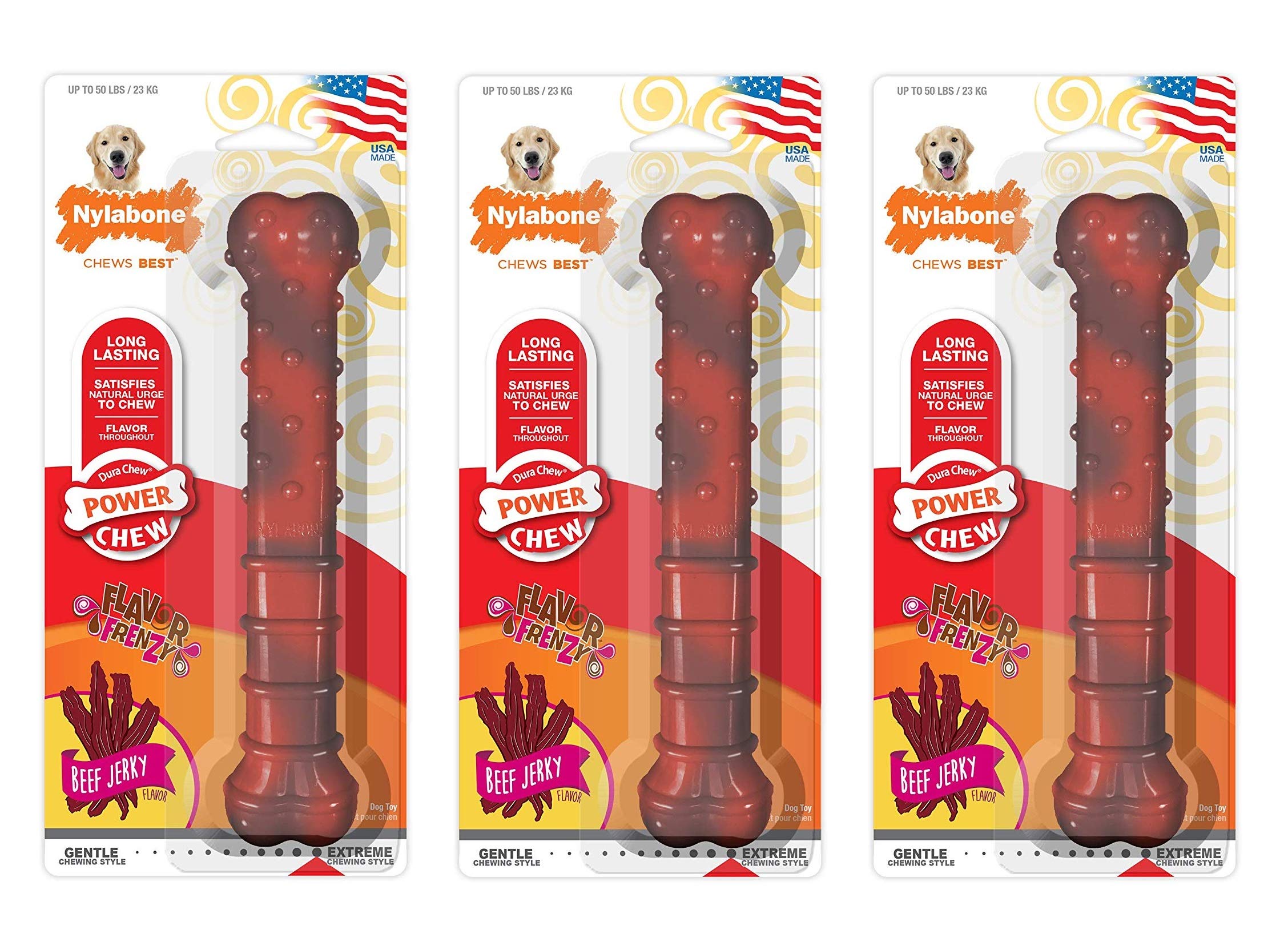 Nylabone 3 Pack Of Power Chew Textured Chew Toys, Giant, Beef Jerky Flavor Bone For Dogs Up To 50 Pounds, Made In The Usa