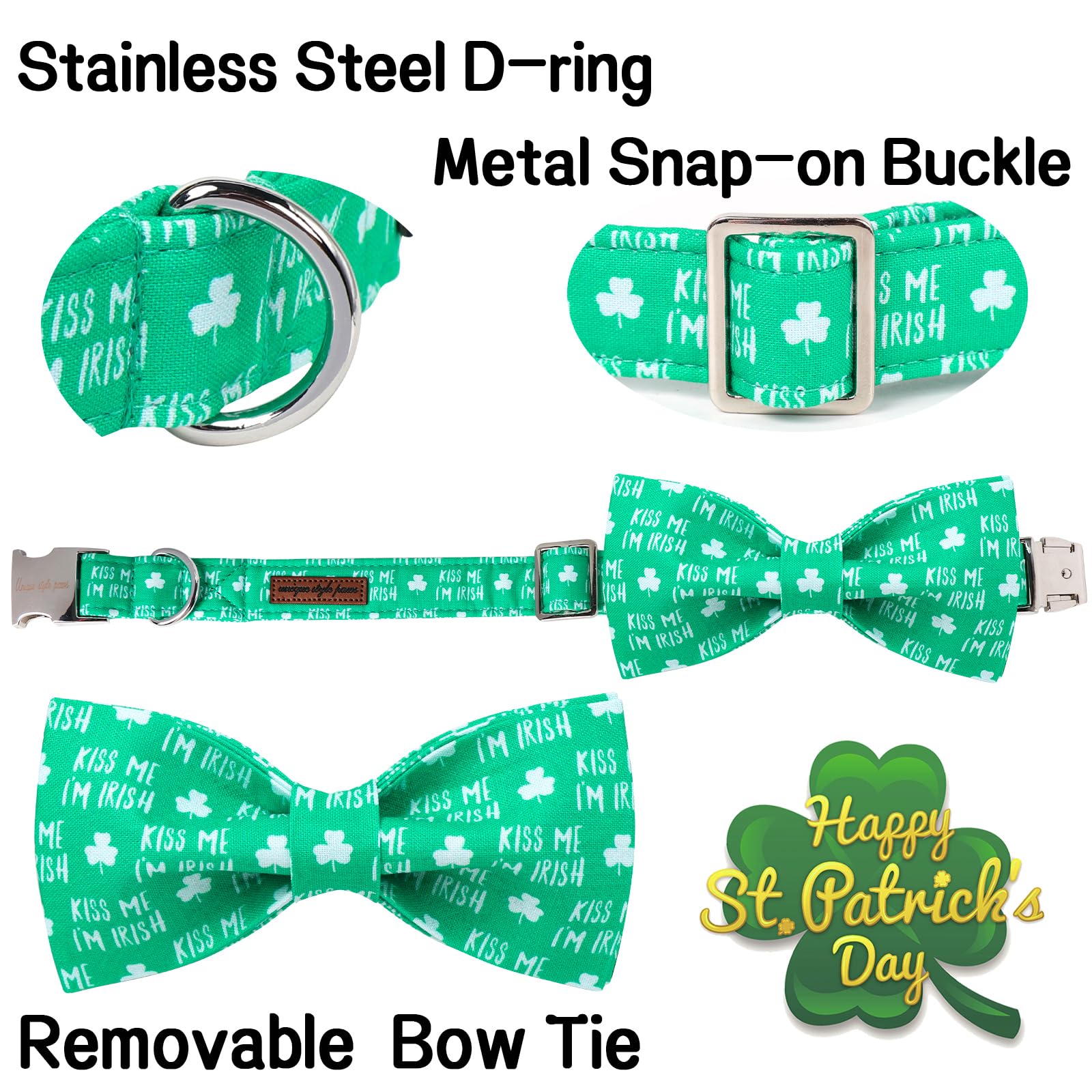 Unique Style Paws St. Patrick'S Dog Collar With Bow Green Clover Dog Collar Bowtie Collar For Large Medium Small Dogs