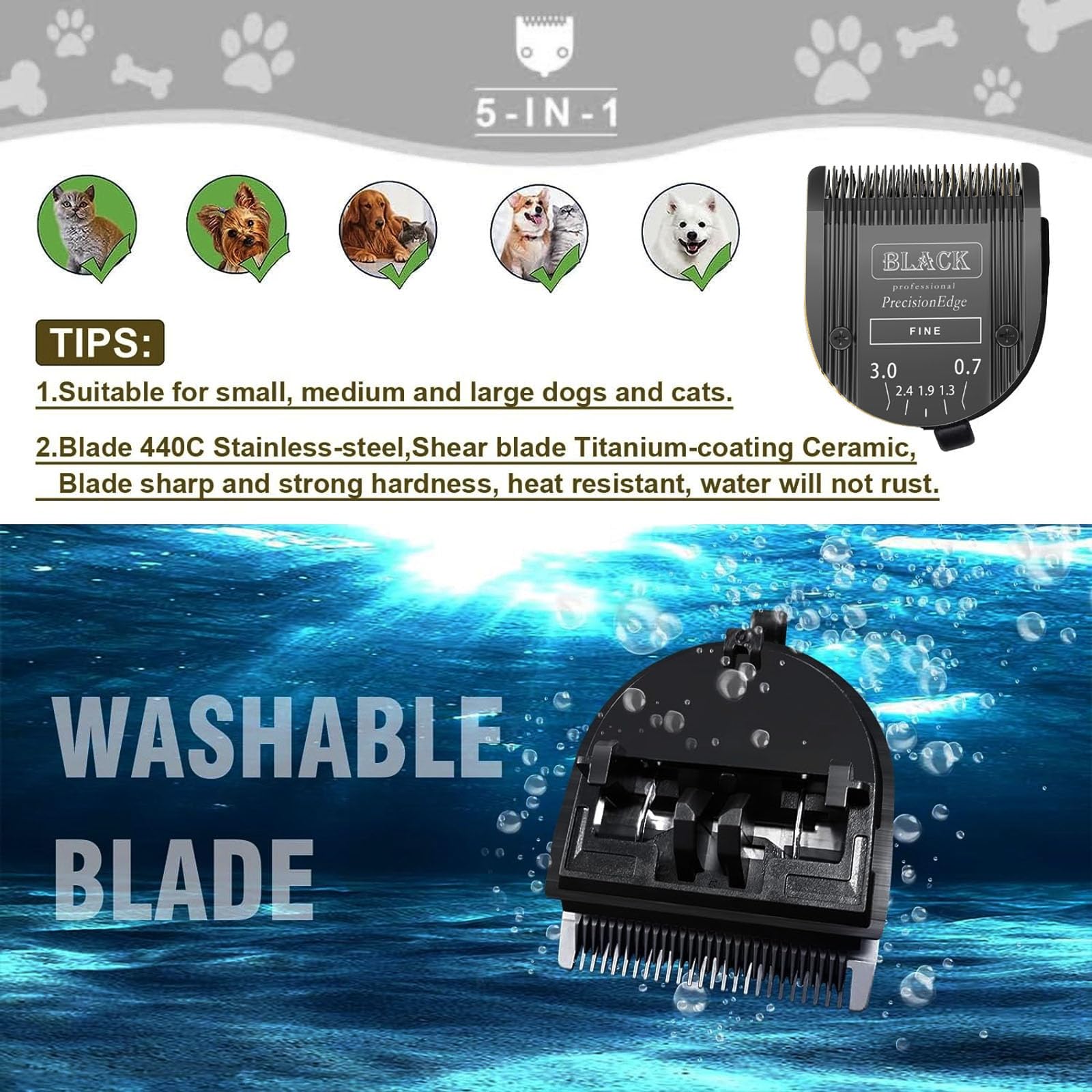 Adjustable 5 In 1 Blades Dog Grooming Blades Compatible With Wahl Animal Clipper Arco, Bravura, Chromado, Creativa, Figura, And