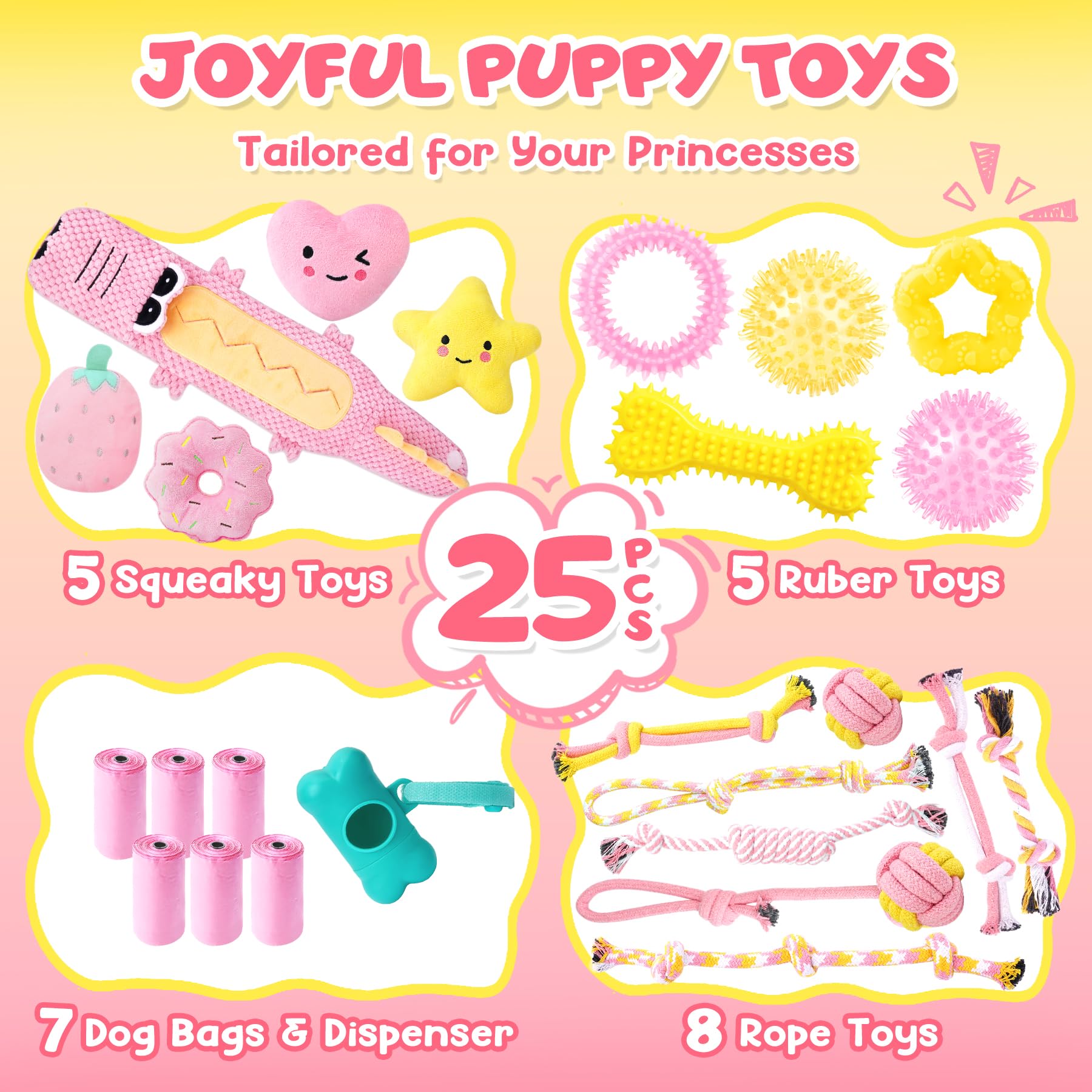KIPRITII 25-Pack Pink Dreamy Dog Toy Set for Small Female Puppies - Includes Sweet Rope Toys, Chew Toys, Cute No-Stuffing Squeak