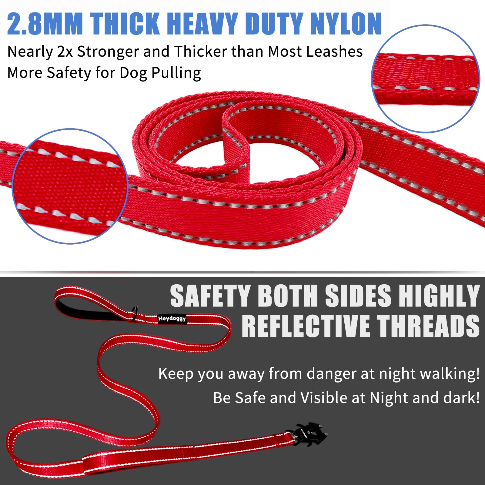 Strong Heavy Duty Dog Leash - 6Ft Reflective Nylon Training Leash With Soft Padded Double Handle & Auto Lock Frog Clip - Safety Traffic Control For Large Medium Small Dogs No Pull Walking (Red,6Ft)