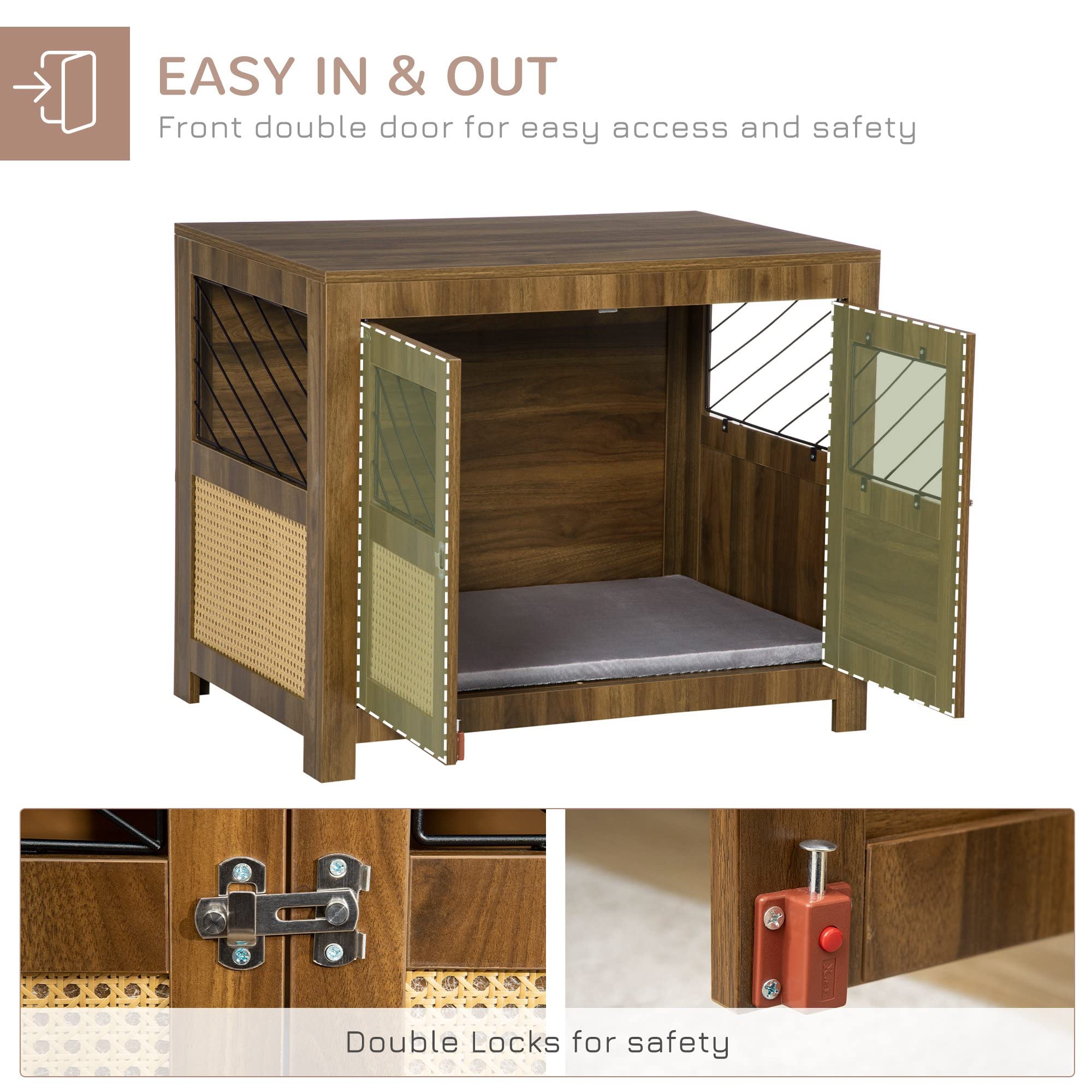 PawHut Dog Crate Furniture with Soft Cushion, Dog Crate End Table with Rattan Decoration, Small to Medium Sized Dog Kennel Furni