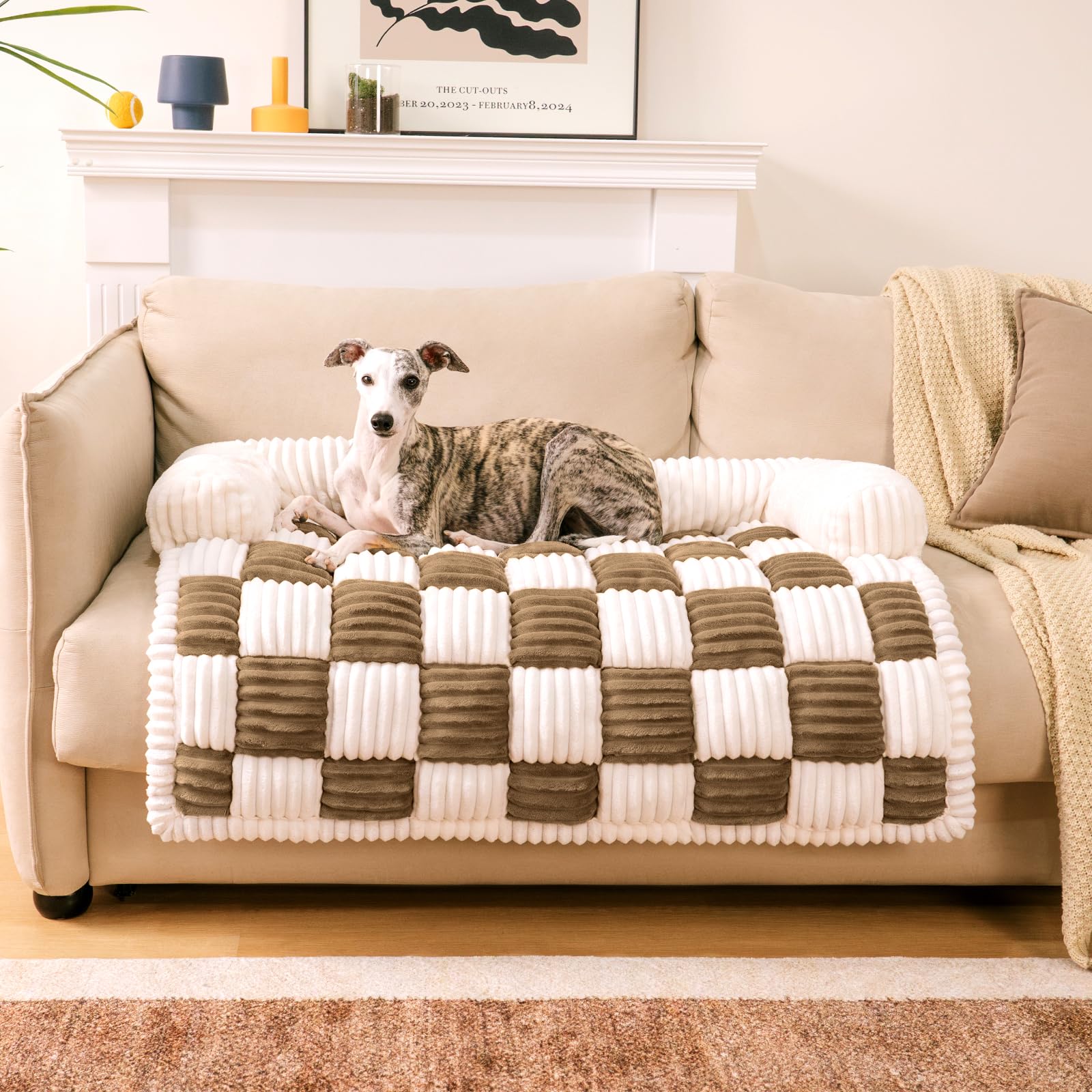 Funny Fuzzy Pet Couch Covers For Sofa, Large Dog Couch Bed Cover Cream Square Plaid Washable Pet Mat For Furniture Protector Sof