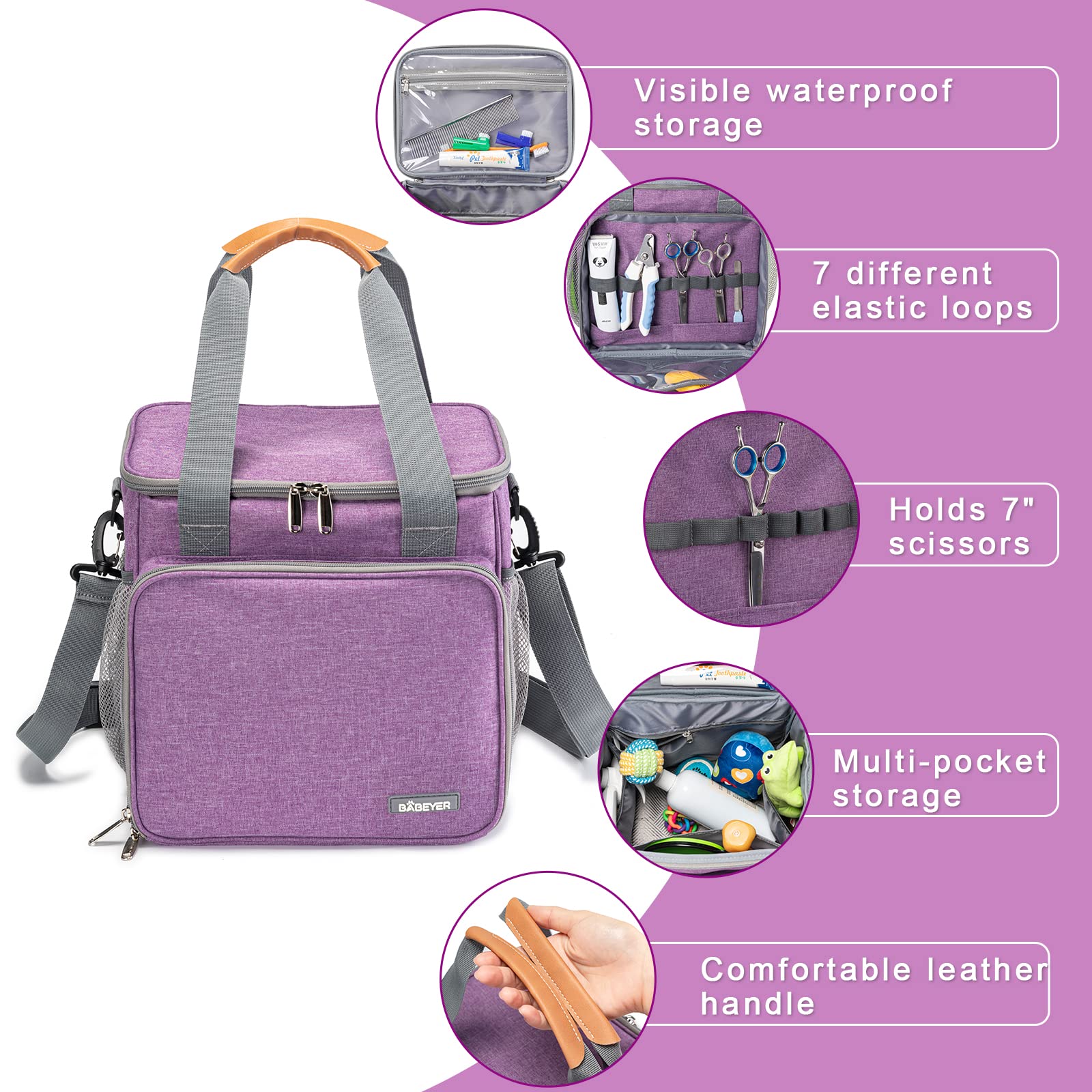 Babeyer Pet Grooming Bag, Dog Grooming Supplies Organizer Tote Bag, Perfect For Pet Grooming Tool Kit Accessories-Purple
