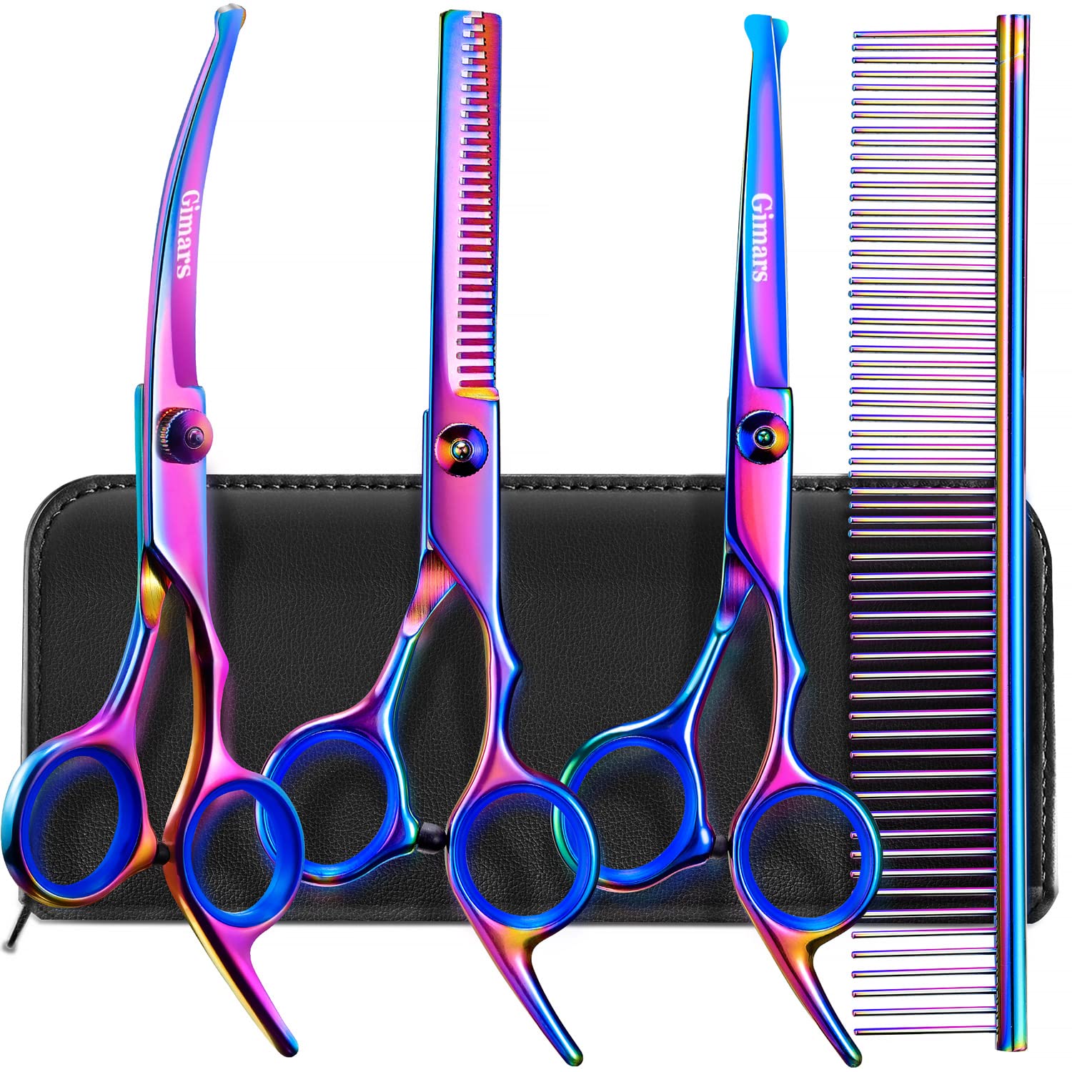 Gimars Dog Grooming Scissors Kit Professional 4Cr With Safety Round Tip, 5 In 1 Heavy Duty Titanium Coated Thinning & Curved & S