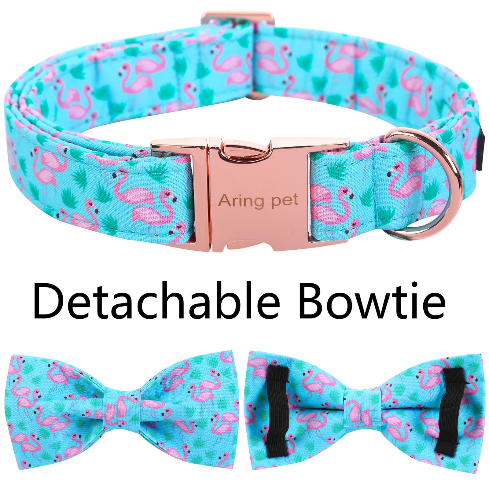 ARING PET Flamingo Dog Collar-Cotton Dog Collar with Bow, Adjustable Summer Bowtie Dog Collars Pet Collars with Metal Buckle