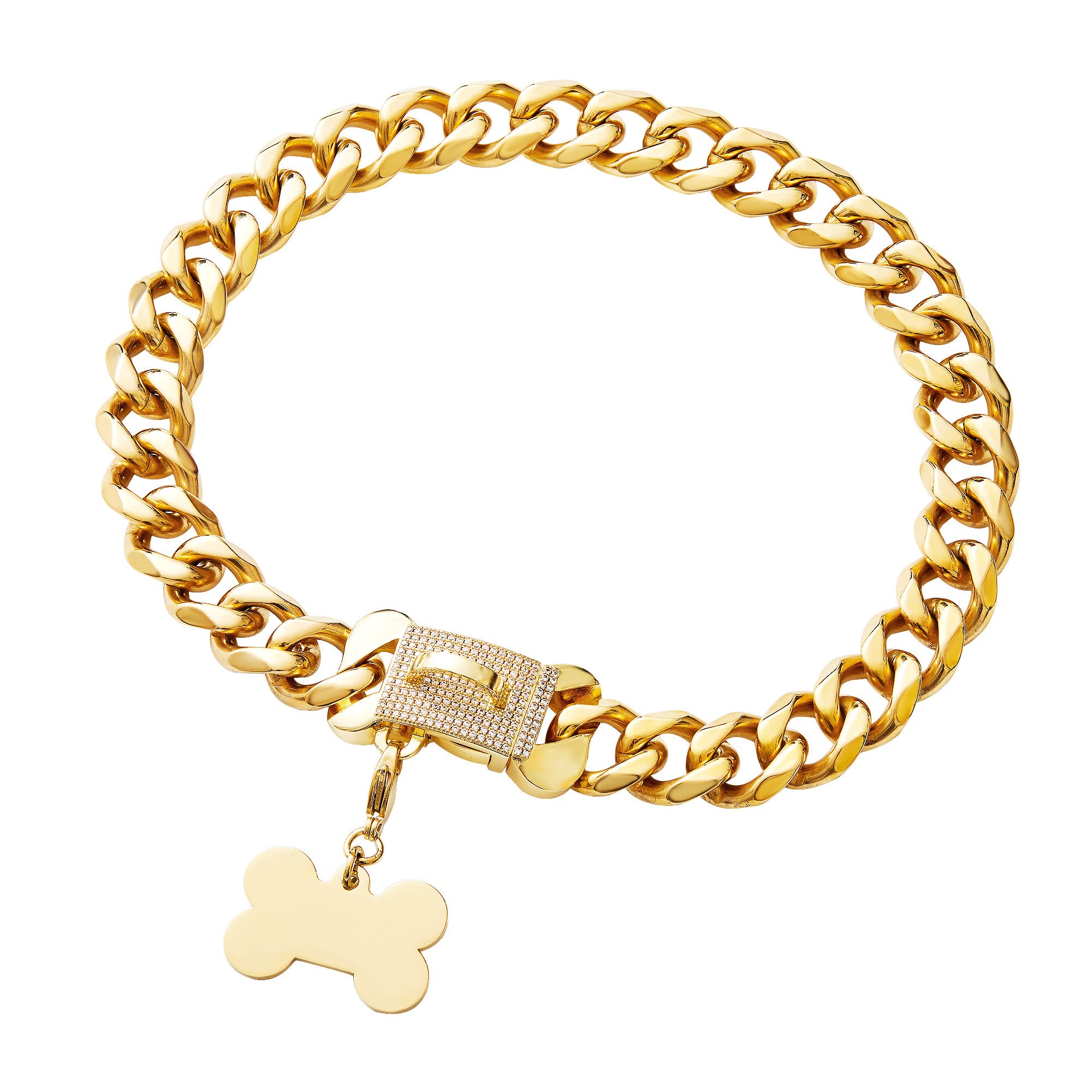 Stainless Steel Cuban Gold Link Heavy Duty Necklace Dog Collar For Small Medium Large Dogs, American Bully French Bulldog Dog Co