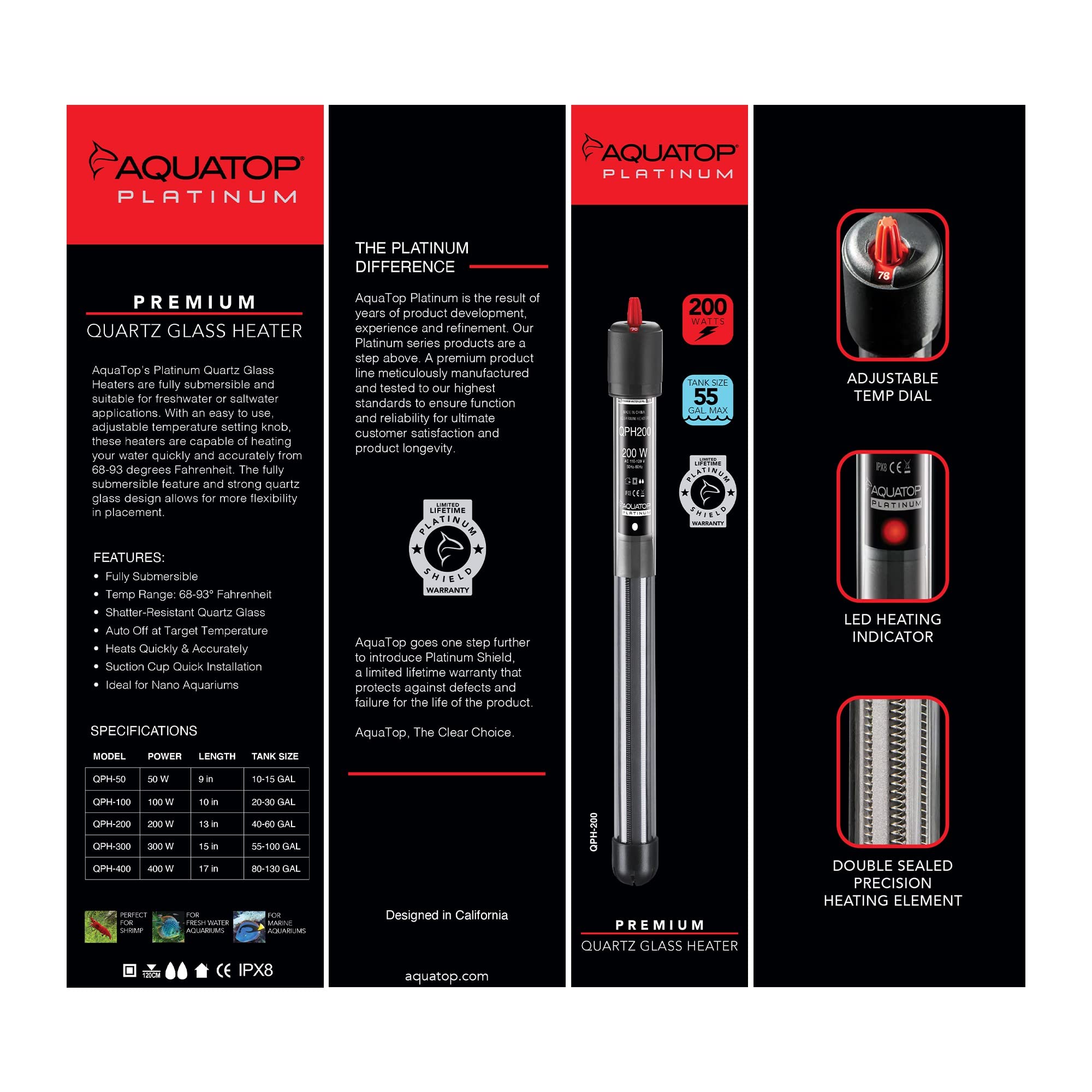 Aquatop 200W Quartz Platinum Heater - Fully Submersible For 40-60 Gallons Fish Tanks 68-93F Adjustable Temperature Range Fresh &