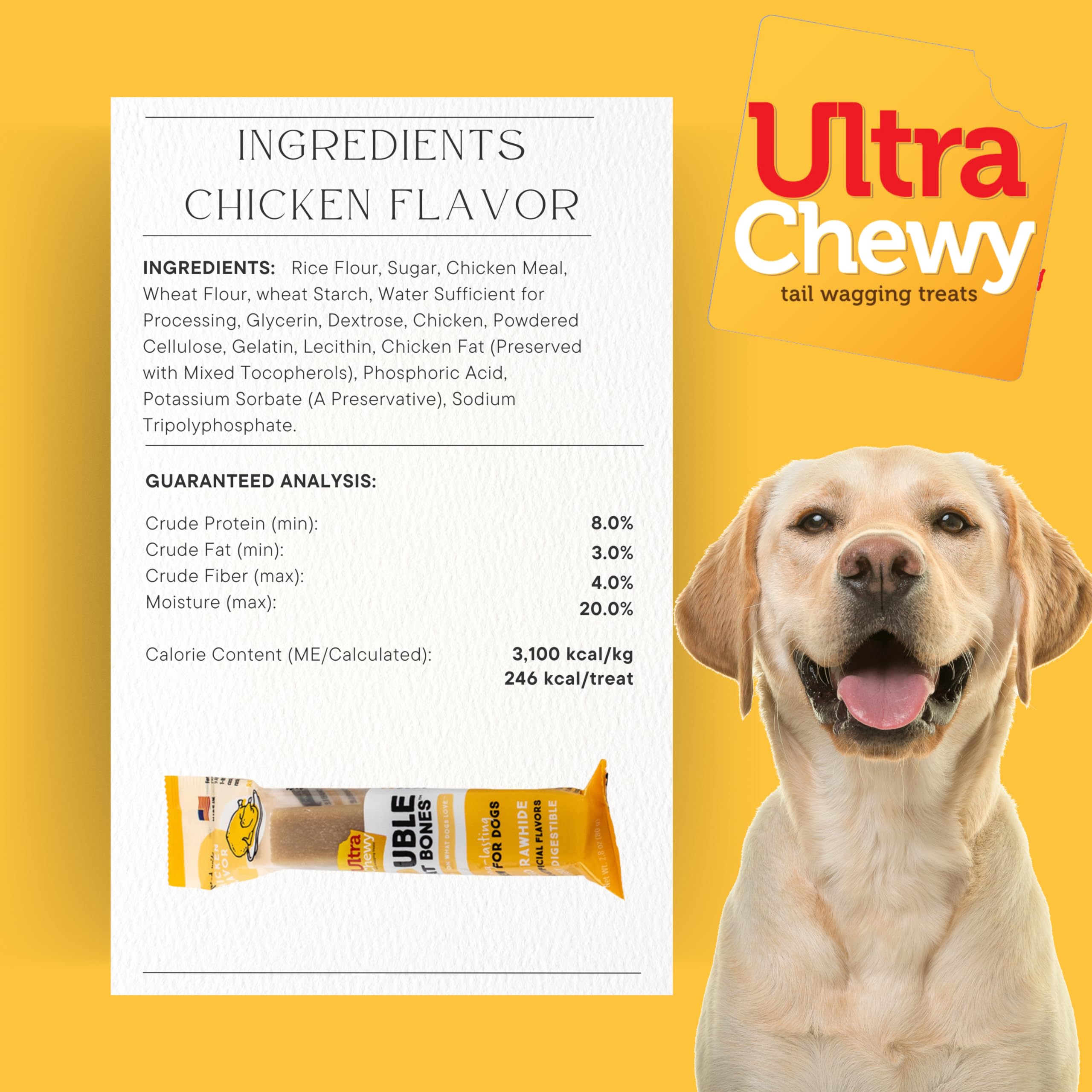 Ultra Chewy Dog Treats - Double Treat Bones, Healthy & Easy to Digest, Assorted Flavors, 2.8 oz (9 Bones)