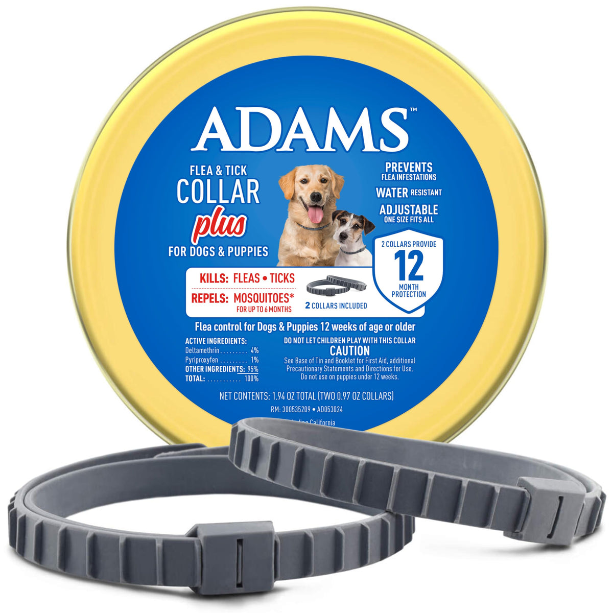 Adams Flea & Tick Collar Plus For Dogs & Puppies |2 Pack |12-Month Protection |One Size Fits All Dogs & Puppies 12 Weeks And Older |Kills Fleas And Ticks |Repels Mosquitoes (Excluding California)
