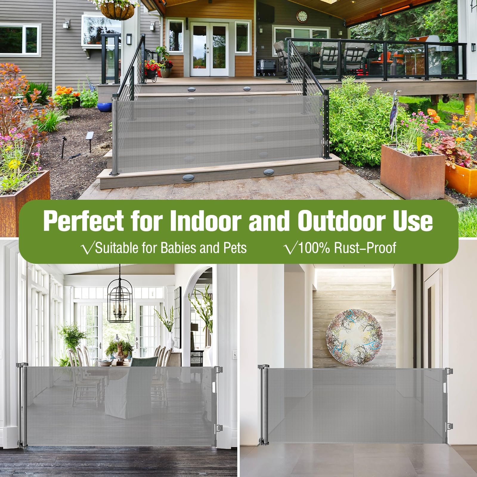 Retractable Baby Gates 65' Wide Baby Gate For Stairs Retractable Dog Gate Indoor Mesh Baby Gate Outdoor Retractable Gate Stair Gates For Kids Or Pets Child Gate Dog Gates For Doorways, Decks, Gray