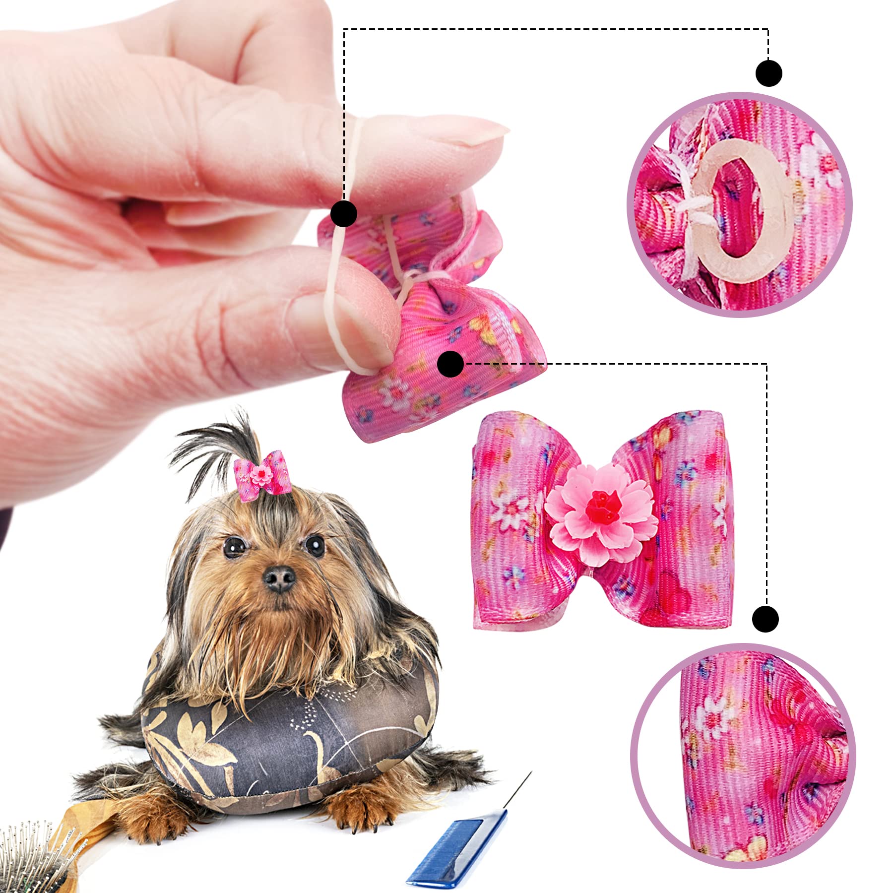 Jpgdn 50Pcs/25Pairs Dog Hair Bows With Rubber Band Spring Floral Pattern For Girls Female Cat Rabbit Puppy Poodle Top Knot Elast
