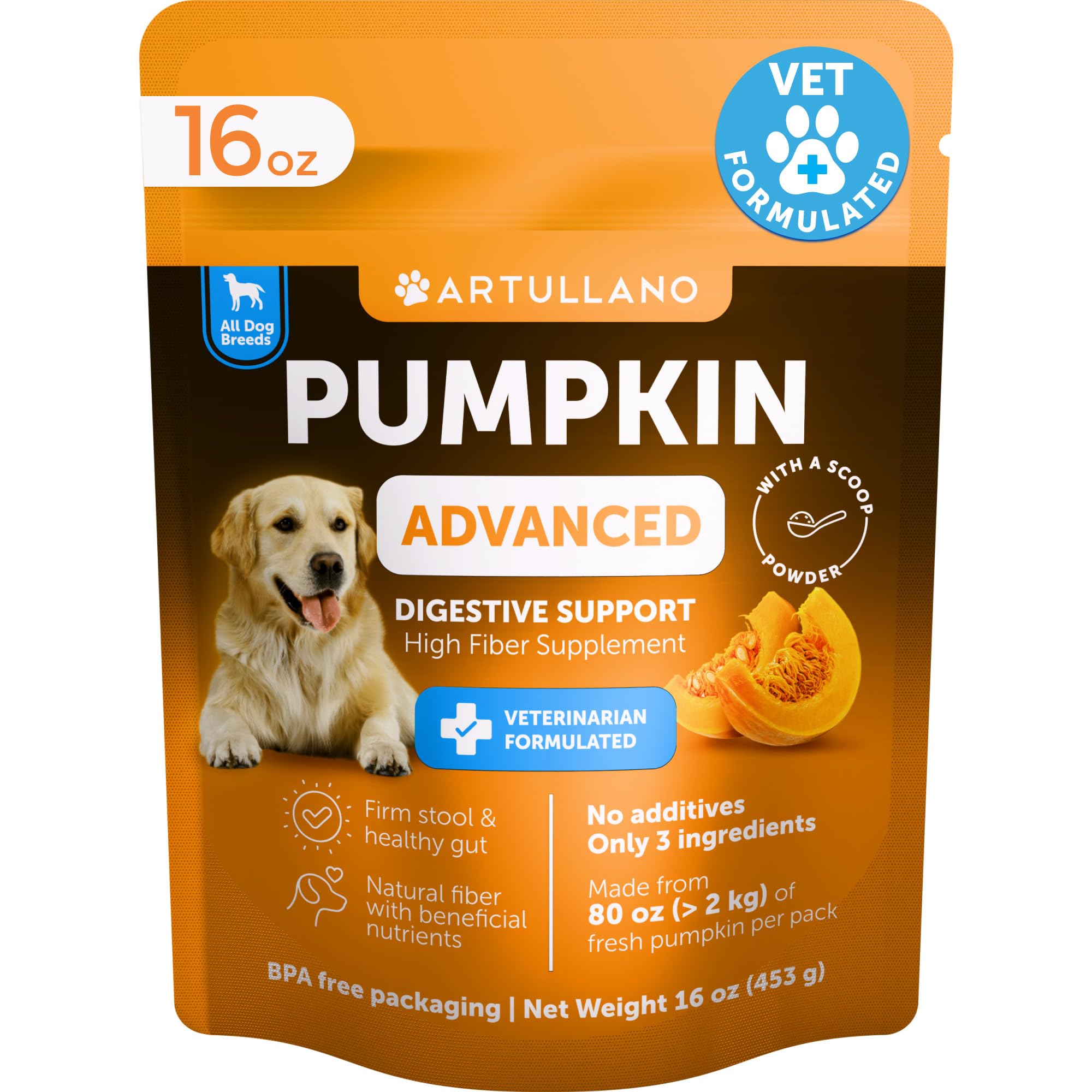 Pumpkin Powder for Dogs Digestive Support - 16 OZ - Fiber Supplement for Constipation - For Gut Balance, Healthy Skin, Digestion