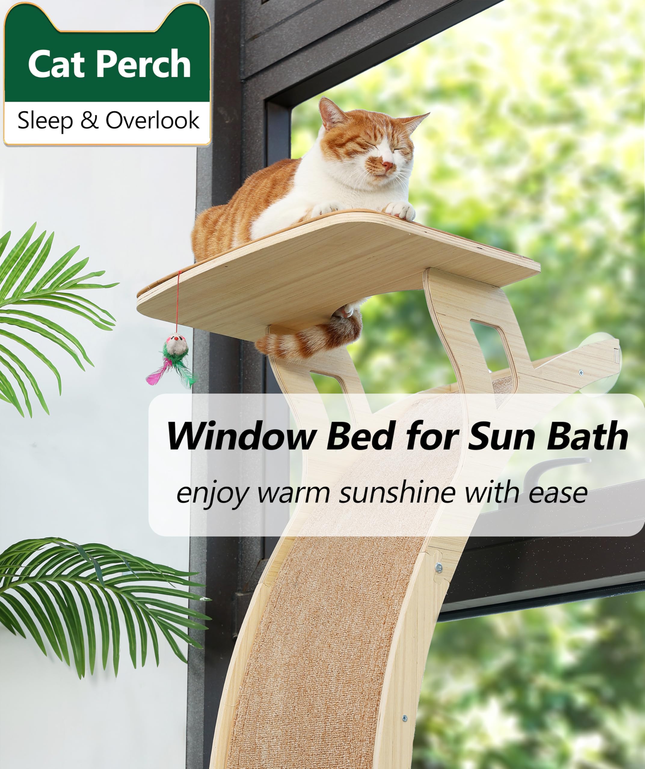 Cat Window Perch With Scratcher Ramp, 48'' Climbing Tree Suctions Cups To Window Maximum Hold Up To 45Lb, Wood Window Shelf For