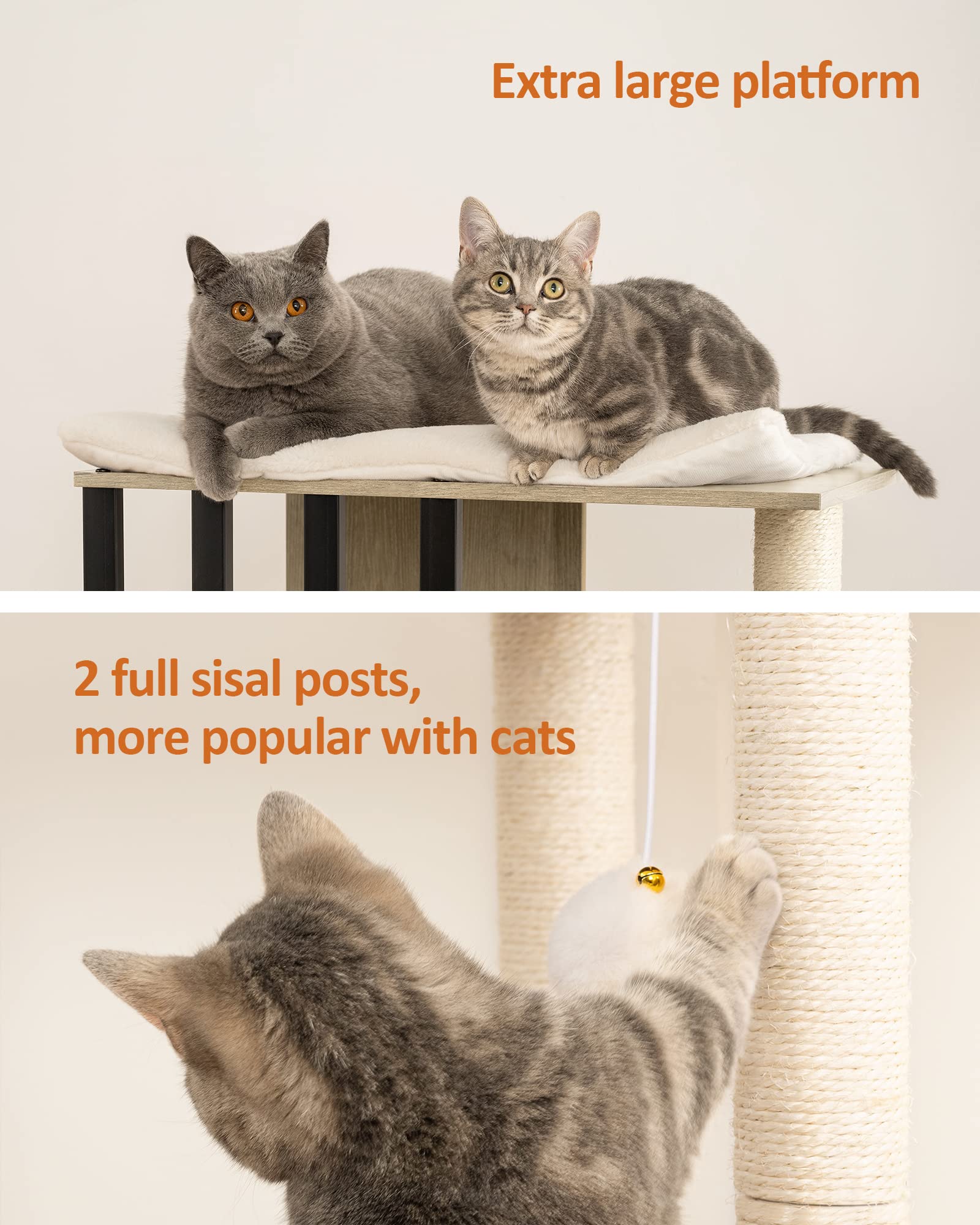 FourFurPets Cat Tree Condo, 43.8in Modern 3-Tier Scratching Tower, Engineered Wood, Greige, Model 111PMJA02G1