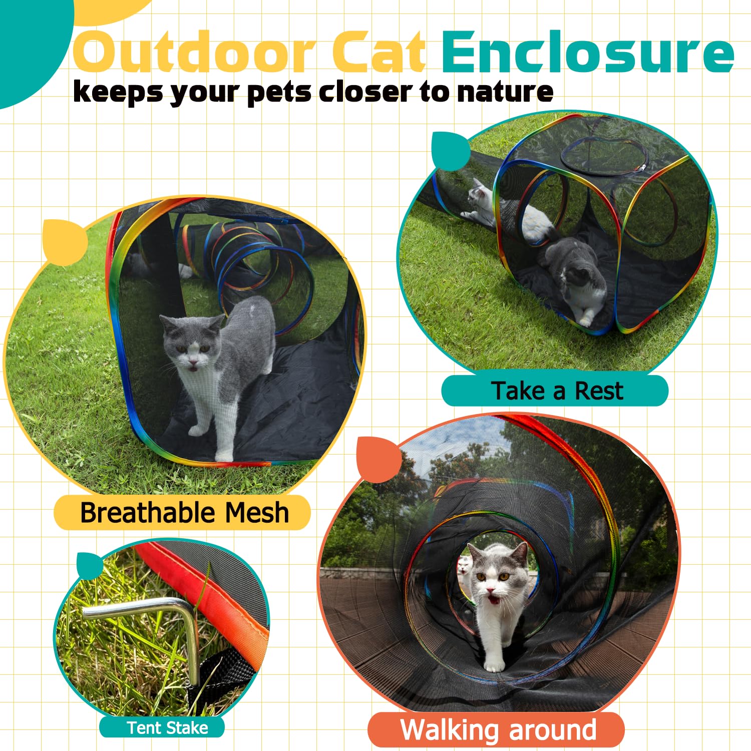 Luckitty Outdoor Rainbow Cat Enclosures Playground,Outside House For Indoor Cats Include Portable Tent, 3 Way With 2 Cube Tunnel