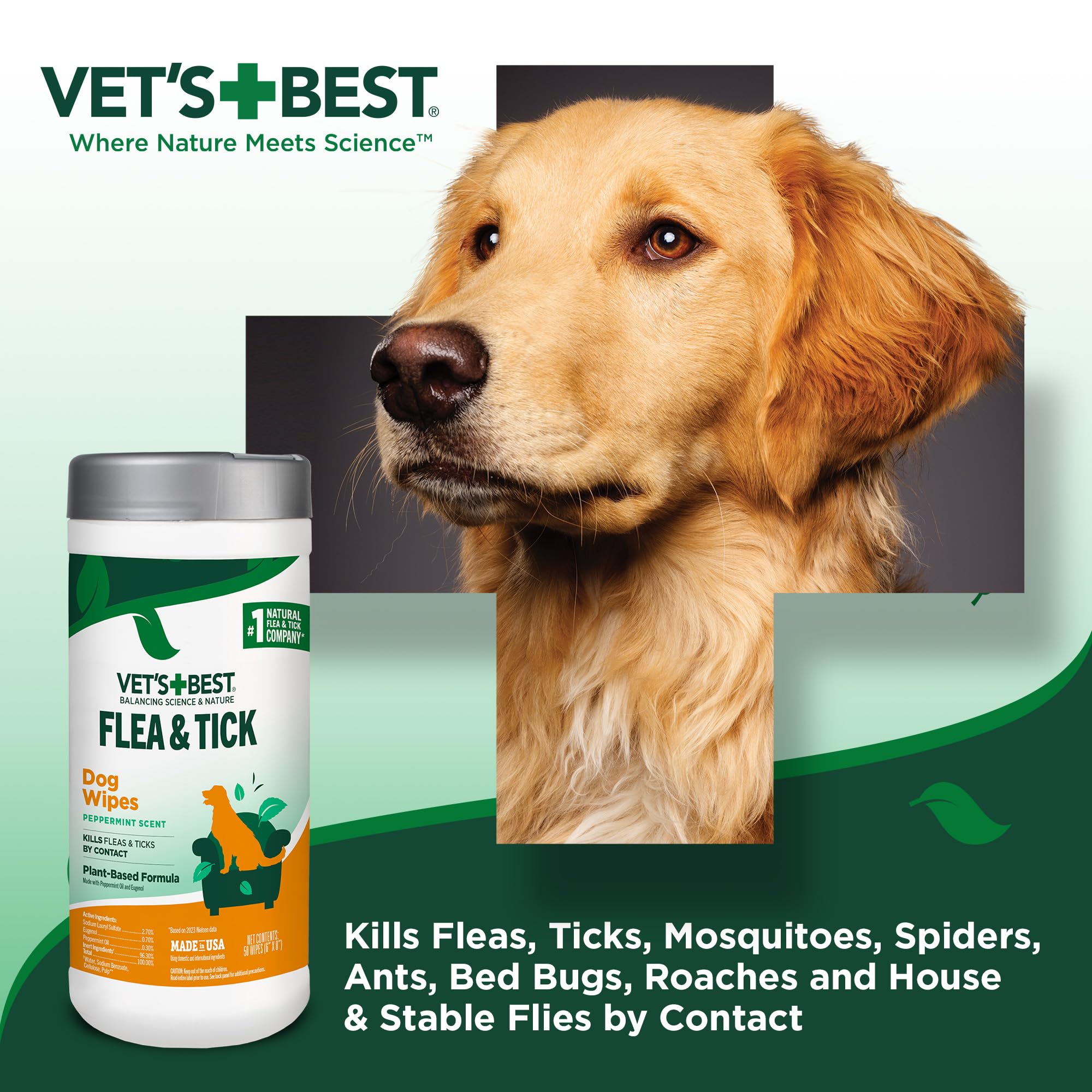 Vets Best Flea and Tick Wipes for Dogs and Cats - Flea Treatment for Cats and Dogs - Plant-Based Formula - Certified Natural Oi