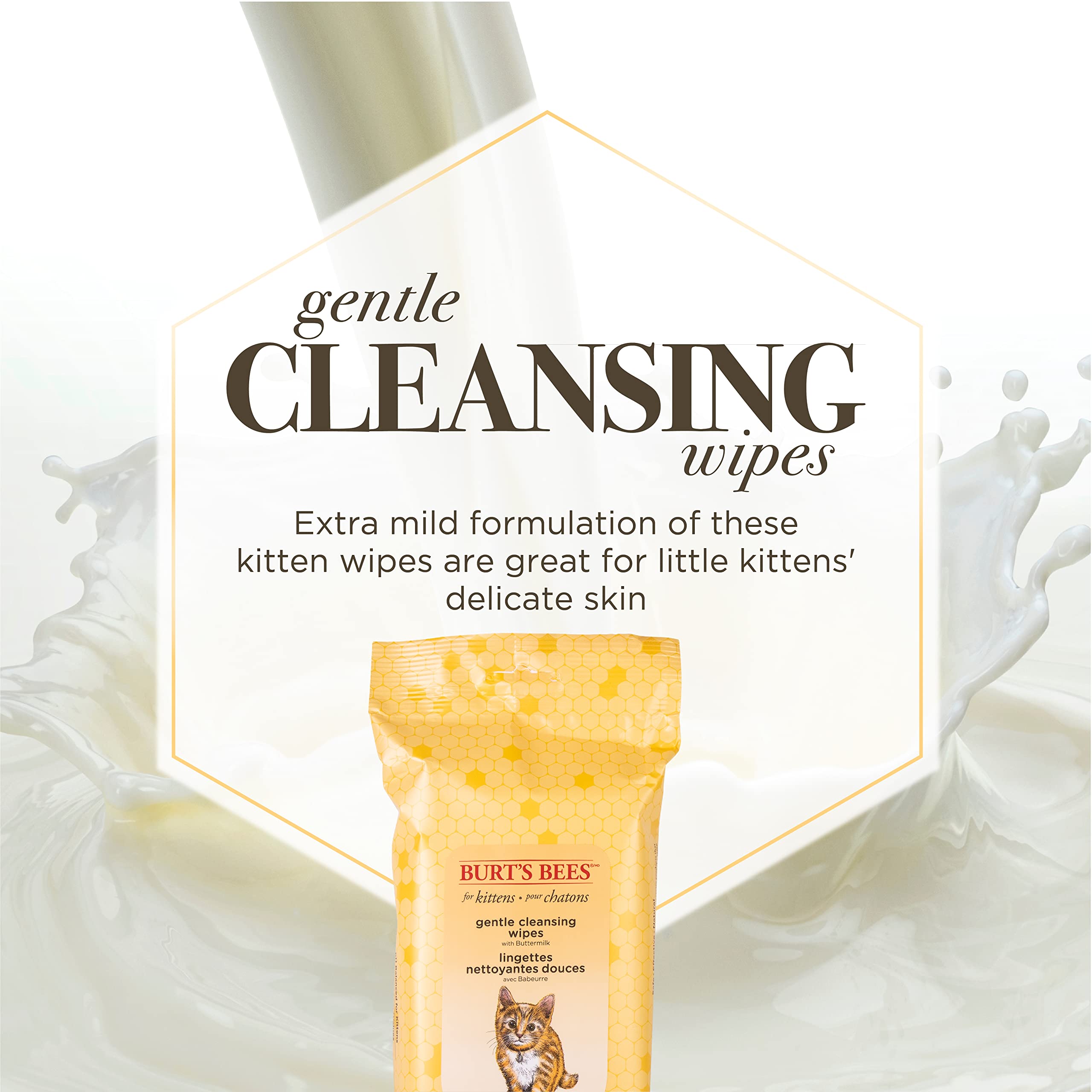 Burt'S Bees For Pets Kitten Wipes With Buttermilk, 98% Natural Origin Formulas, Cat Wipes, Cat Grooming Supplies, Cat Cleaning Wipes, Waterless Cat Grooming, 50Ct