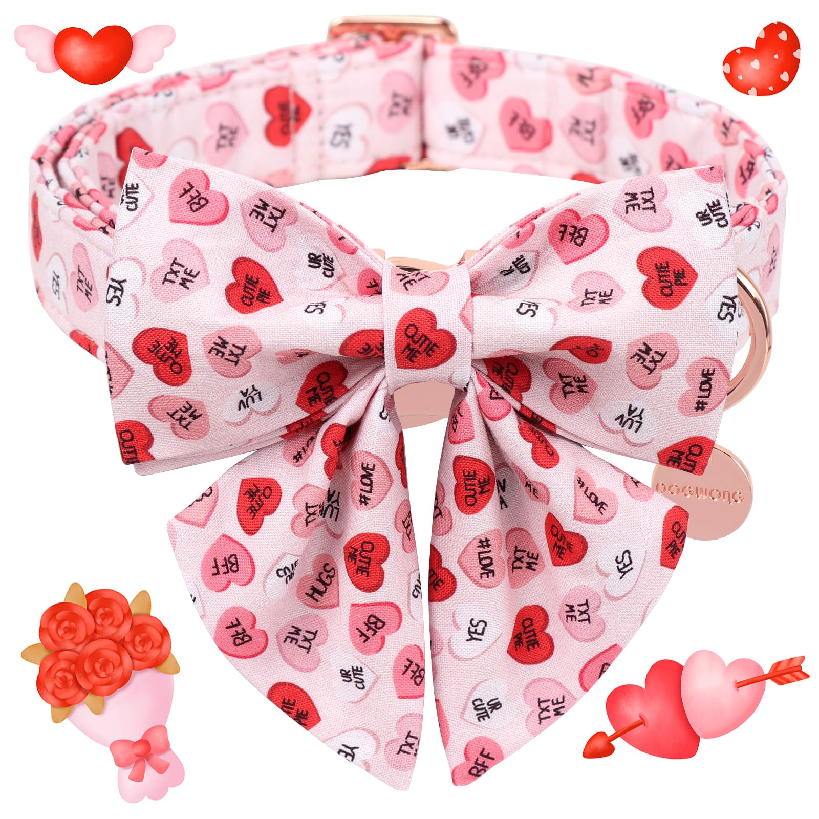 Dogwong Valentine'S Dog Collar With Sailor Bow, Adjustable Durable Pink Heart Dog Collar Cute Dog Collar For Small Medium Dogs