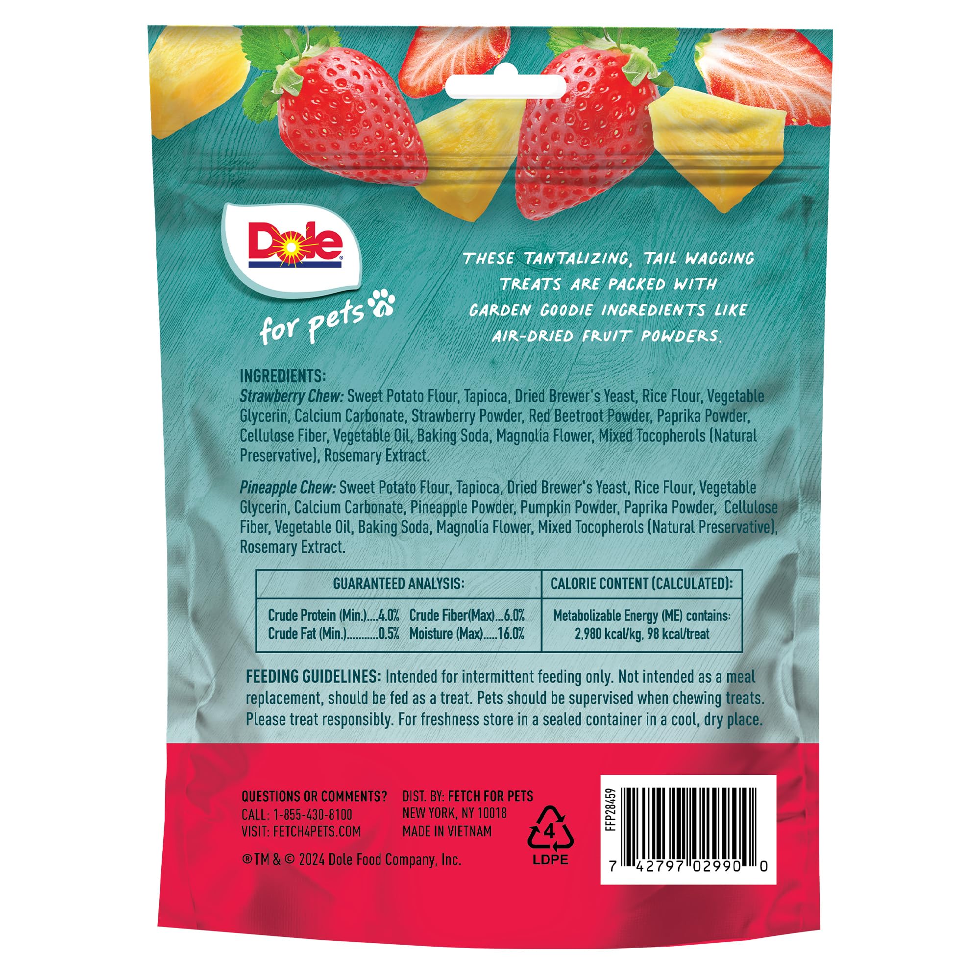 Dole for Pets Freshly Fetched Dog Chews, Strawberry & Pineapple Flavor Dog Treats | Flavored with Real Fruits, No Wheat, Corn, S