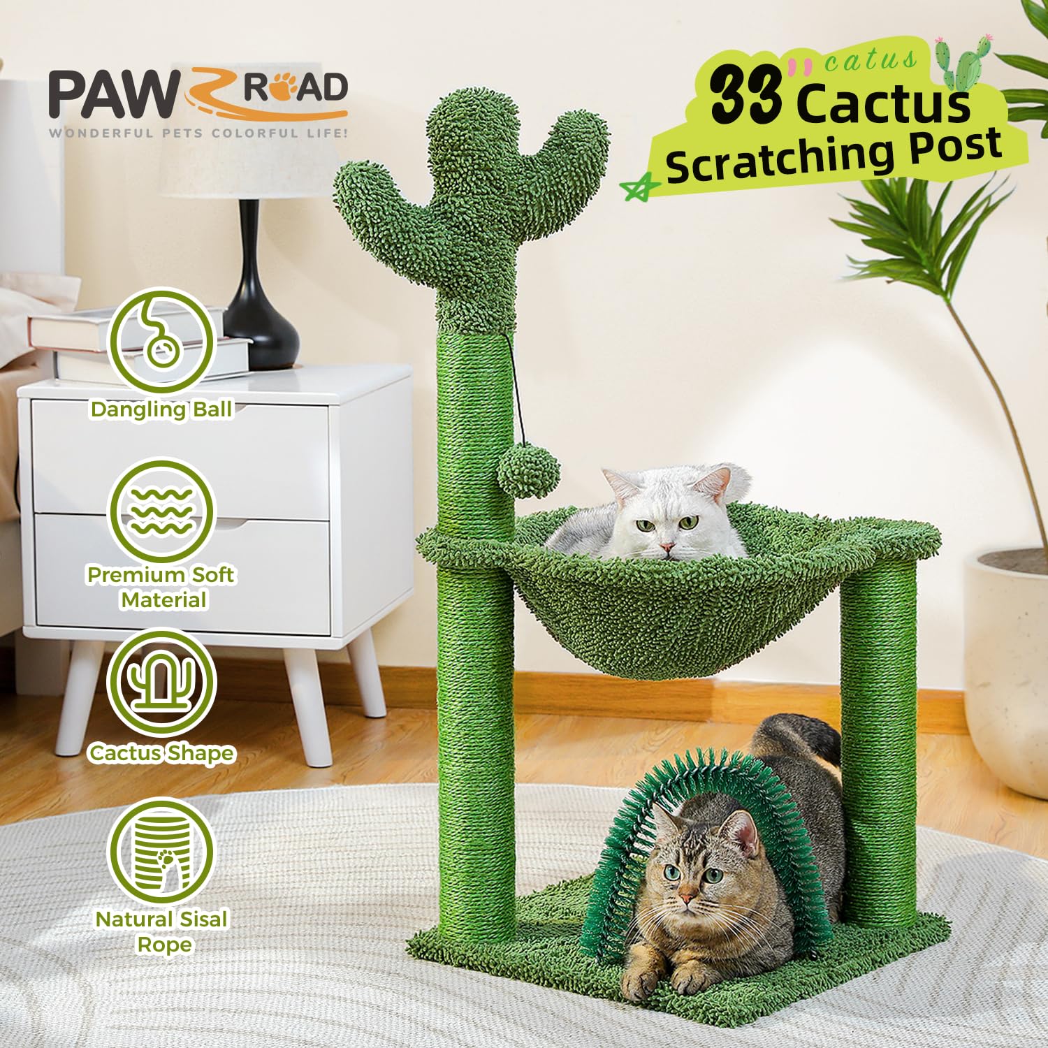Pawz Road Cactus Cat Tree, 33 Inchs Cat Tower With Cat Self Groomer, Soft Hammock And Fully Wrapped Sisal Scratching Post For In