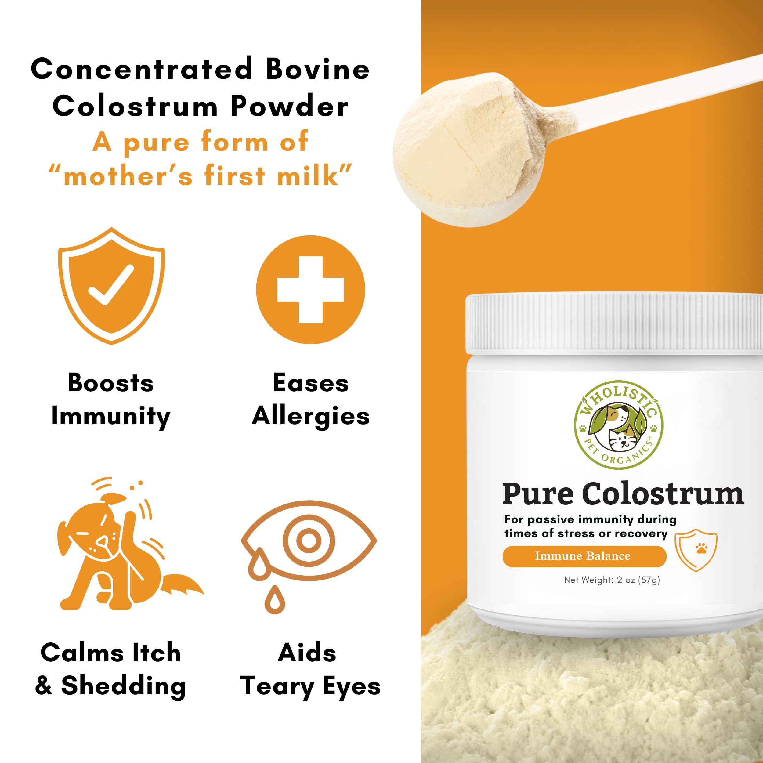 Wholistic Pet Organics Bovine Colostrum Powder for Dogs & Cats - Organic Immune Supplement, Allergy Relief, 3 oz