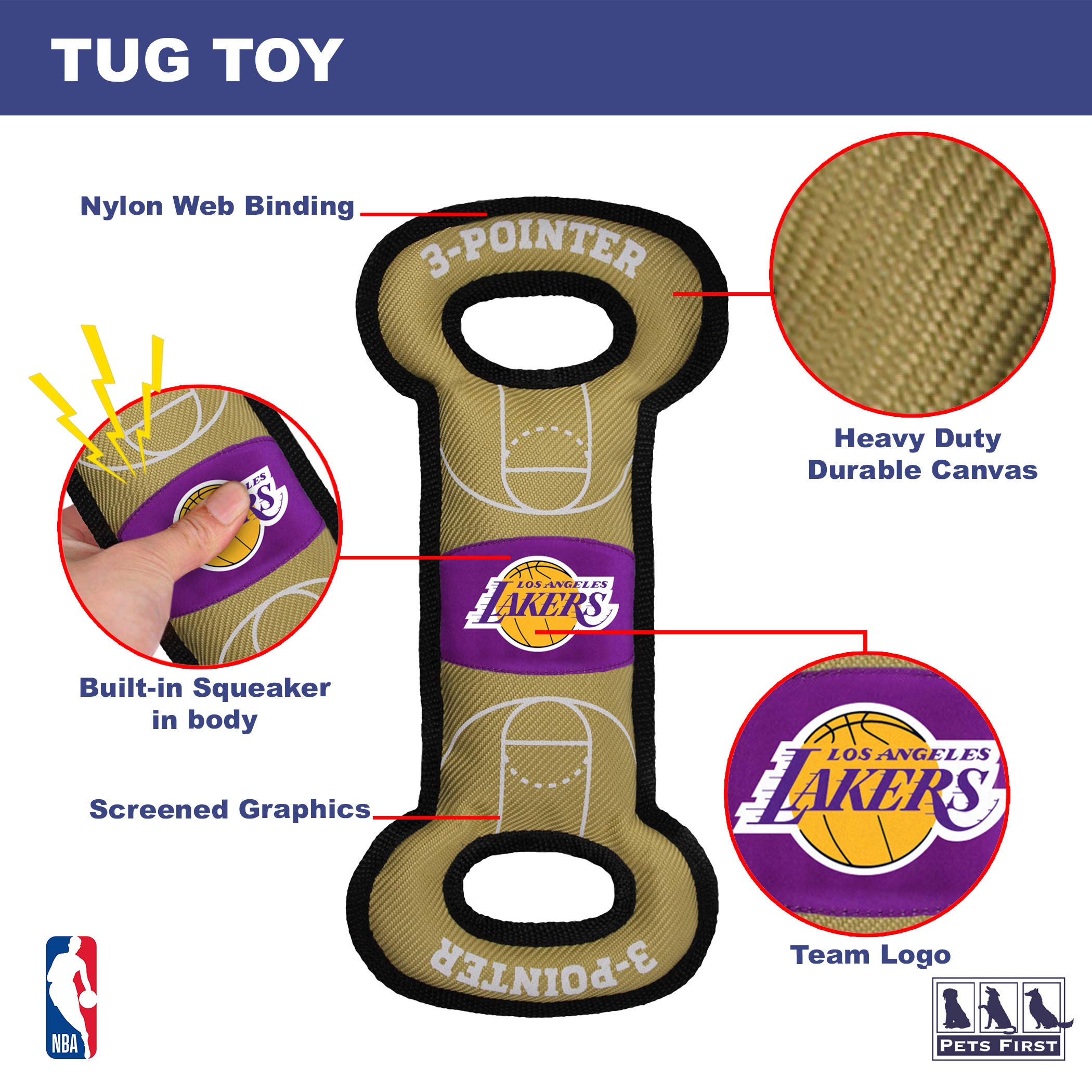 Pets First Nba Los Angeles Lakers Field Toy. - Tough Nylon Pet Toy With Double Trim Stitching & Inner Squeaker, One Size (Lak-30