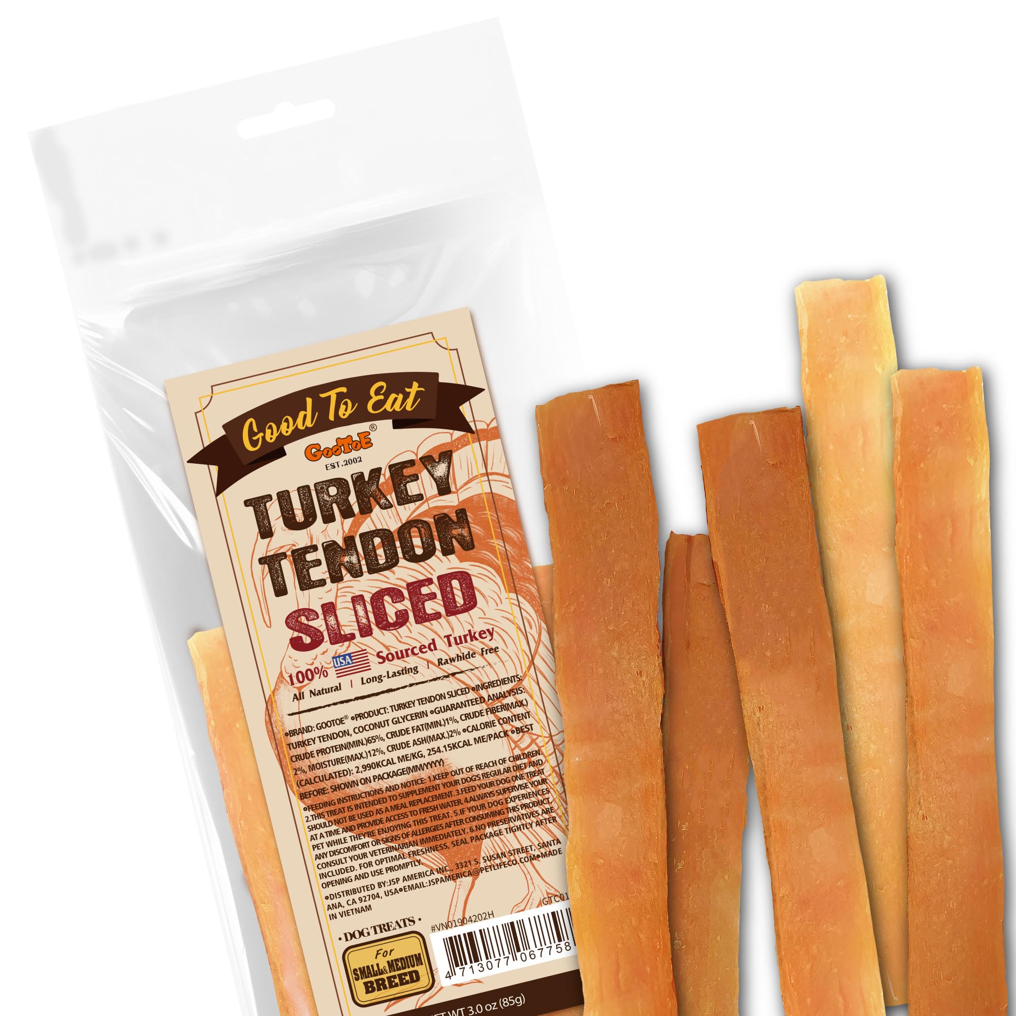 Gootoe Turkey Tendon Dog Treats, Sliced (M) 3oz, 100% USA-Sourced Turkey, Natural Snack, Premium Puppy Chews, Hypoallergenic, Ra
