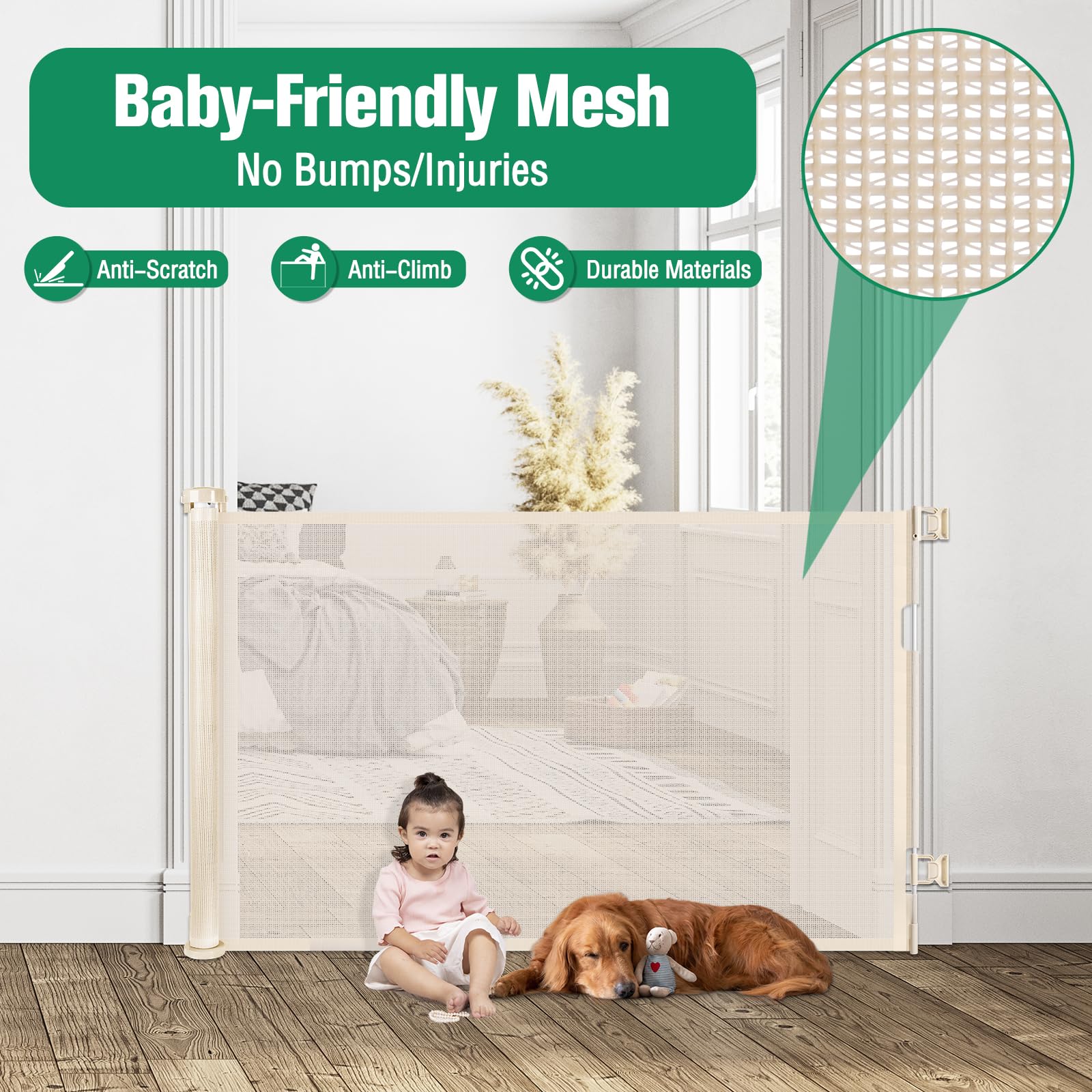 Retractable Baby & Dog Gate - Extends Up to 55 Wide Mesh Gate for Indoor & Outdoor Use, Beige