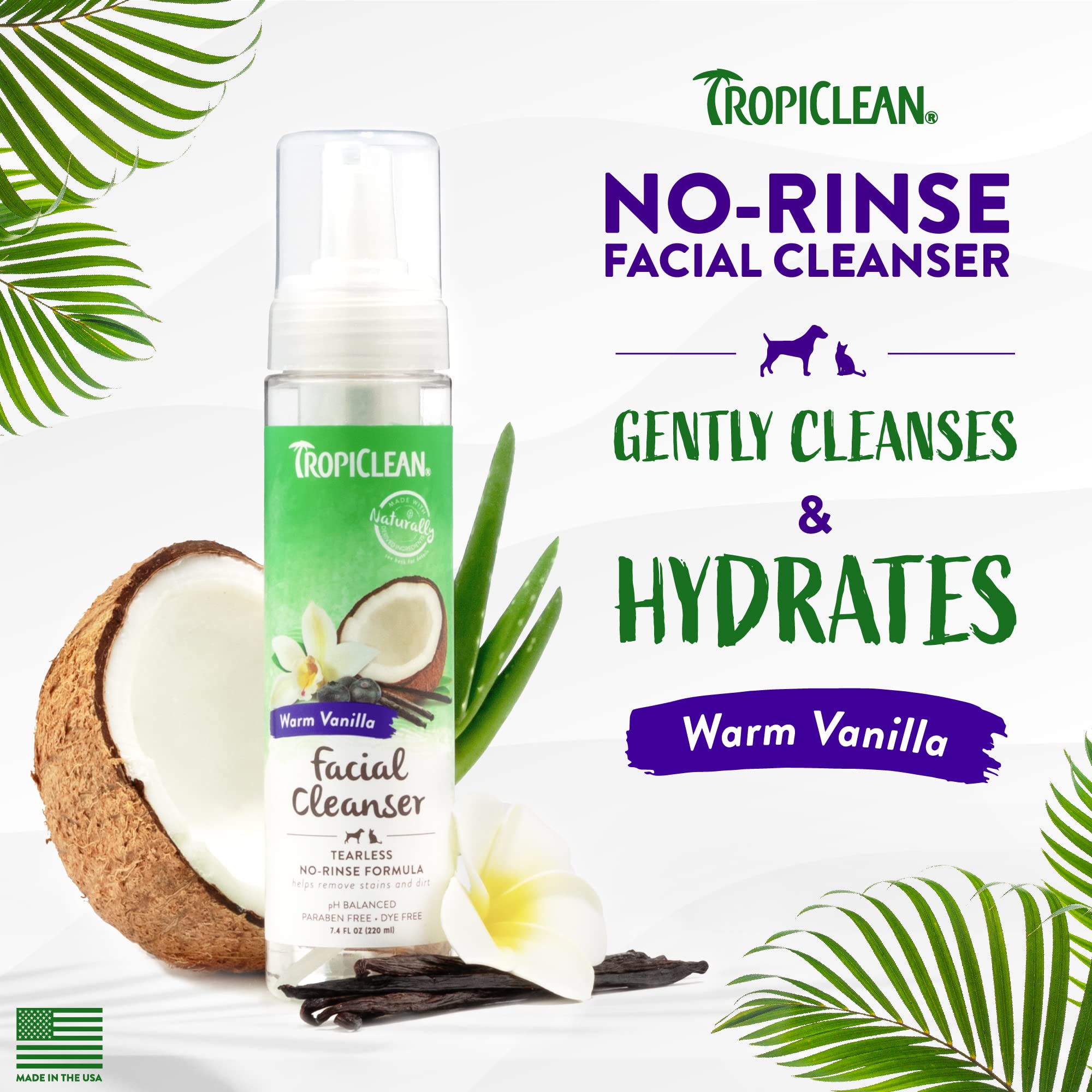 TropiClean Warm Vanilla Waterless Facial Cleanser for Dogs | Dog Foam Face Wash | Dog Face Wash Derived from Natural Ingredients