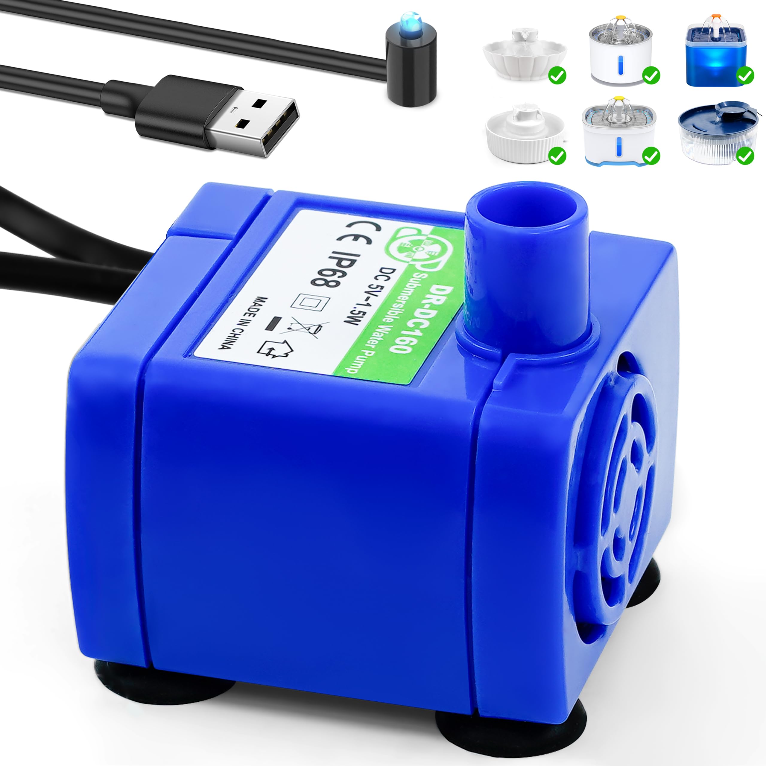 Supersuki Cat Water Fountain Pump, Dr-Dc 160 Submersible Water Pump With Led Light For Stainless Steel, Ceramic Pet Water Founta