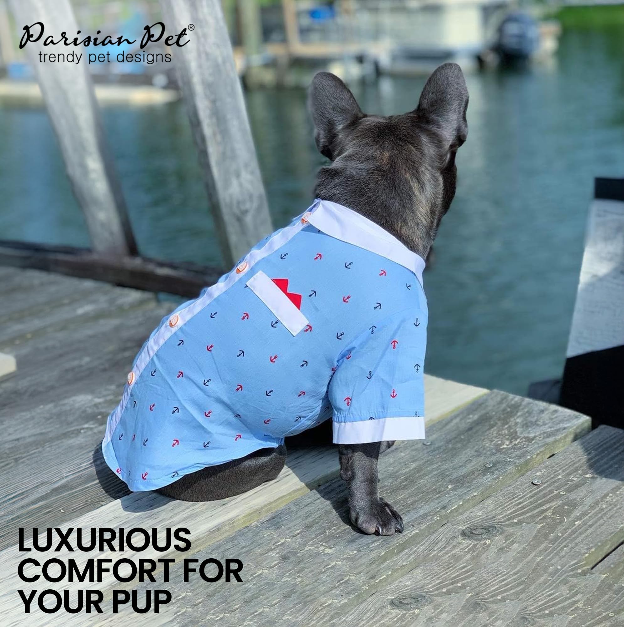 Parisian Pet Dog Shirt - Dog Nautical Costume - 100% Cotton Anchor Dog Clothes - Sleeved Doggie Shirt - Blue And White Dog Costu