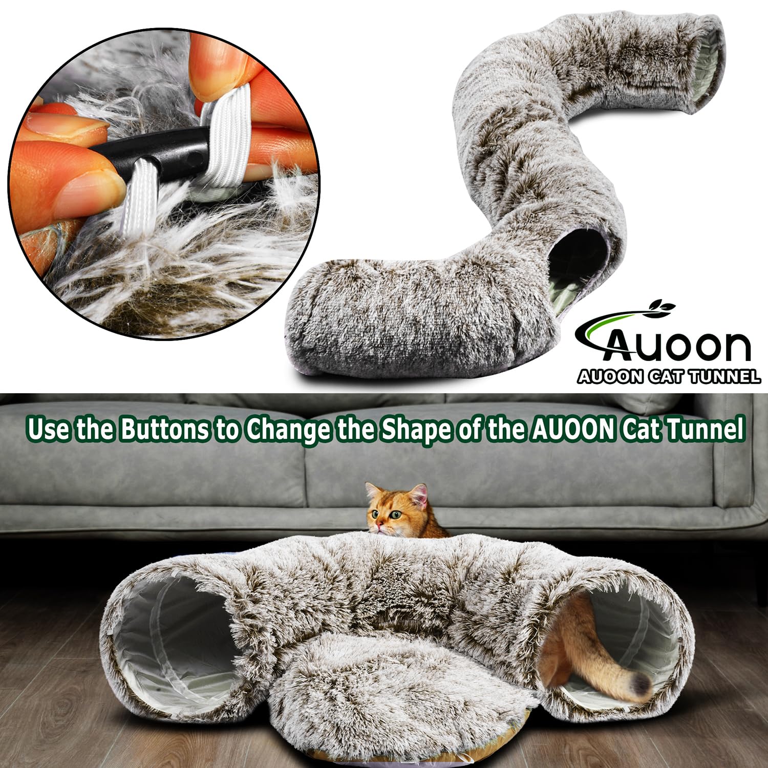 AUOON Cat Tunnel with Central Mat,Big Tube Playground Toys,Soft Plush Material,Full Moon Shape for Kitten,Cat,Puppy,Rabbit,Ferre