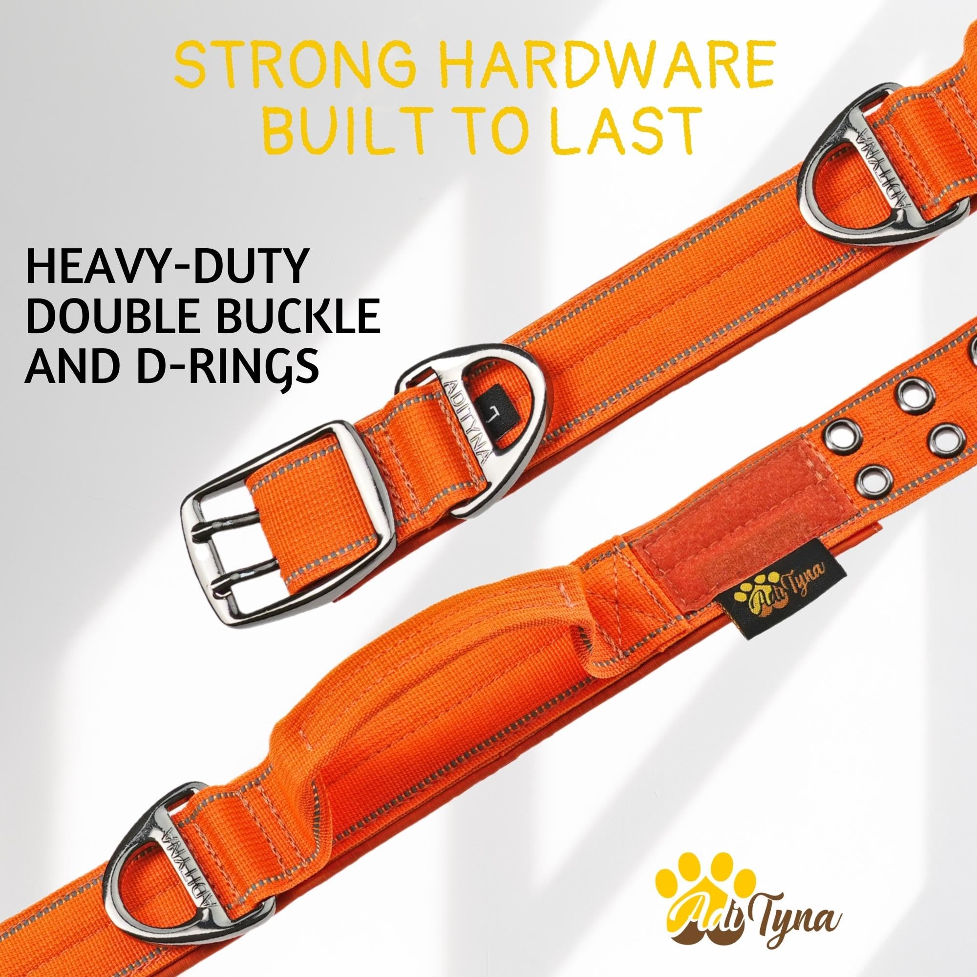 Adityna Heavy Duty Dog Collar For Extra-Large Dogs - Reflective Orange Collar With Handle For Training, And Walking - Wide, Thic