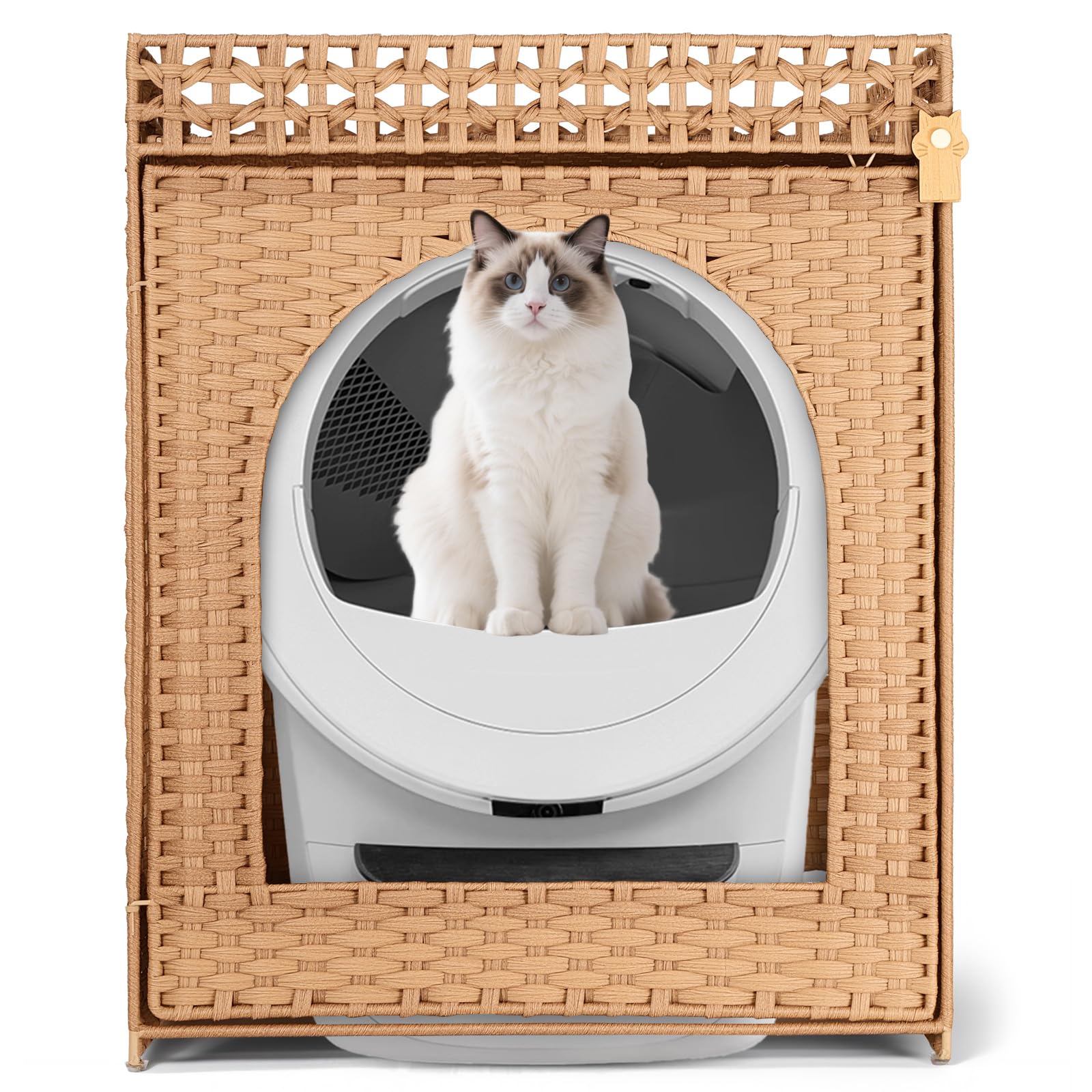 Klippehop Self Cleaning Cat Litter Box Enclosure, XXL Extra Large Hidden Litter Box Furniture Cabinet, Handwoven PE Rattan Dog P