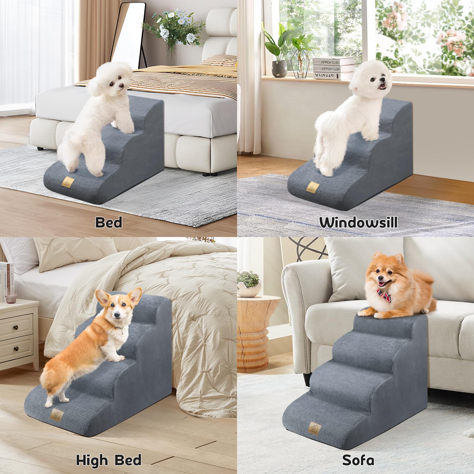 3-Tiers Foam Dog Stairs For High Sofa Bed Couch, High Density Foam Steps Stairs For Indoor,Dog Stairs Ladder Ramp Non Slip For Old Small Dogs Easy Access,60 Lbs Support,Free 3 Pcs Lint Roller Set