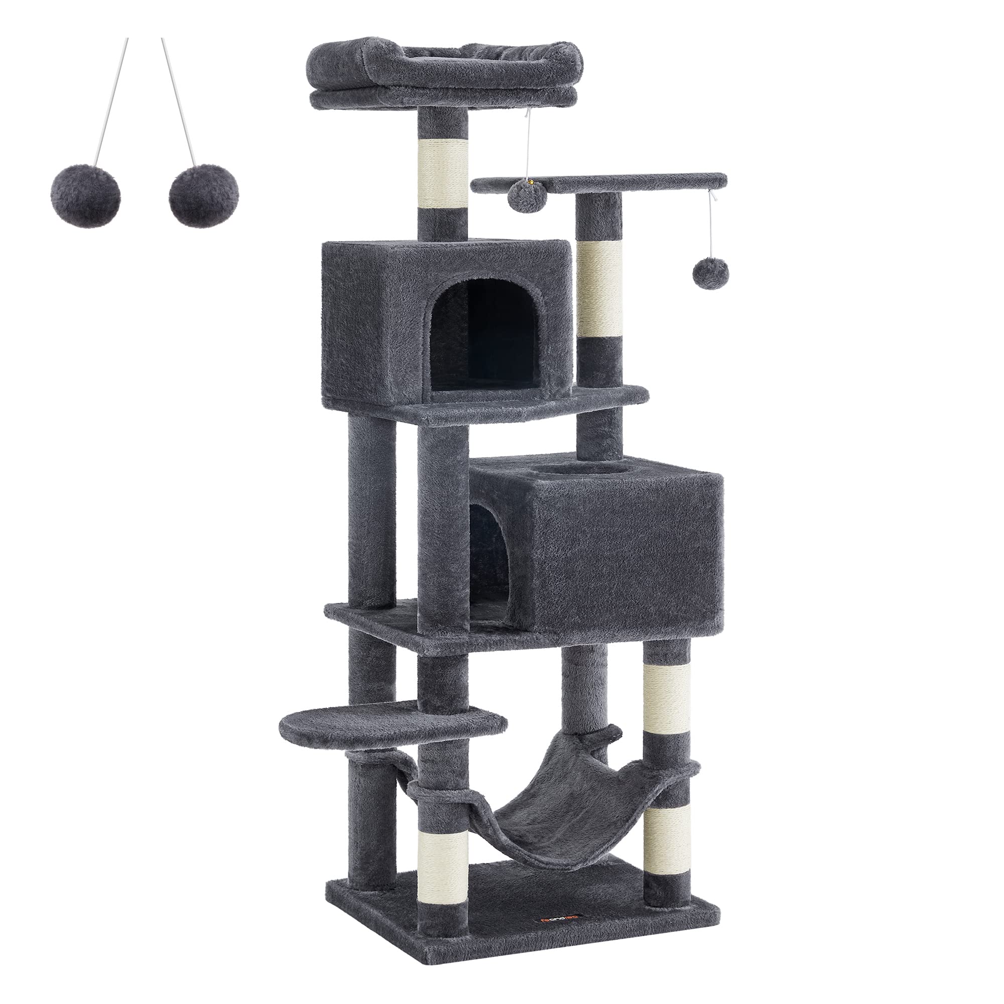 Feandrea Cat Tree, 61-Inch Cat Tower For Indoor Cats, Plush Multi-Level Cat Condo With 5 Scratching Posts, 2 Perches, 2 Caves, Hammock, 2 Pompoms, Smoky Gray Upct192G01