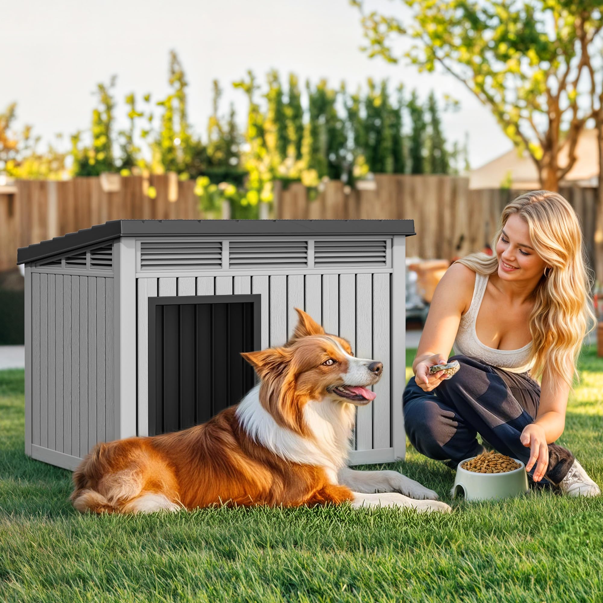 YITAHOME Plastic Dog House, Indoor & Outdoor Dog Kennel with Lift-Up Sloping Roof, Waterproof & Ventilated for Small to Medium D