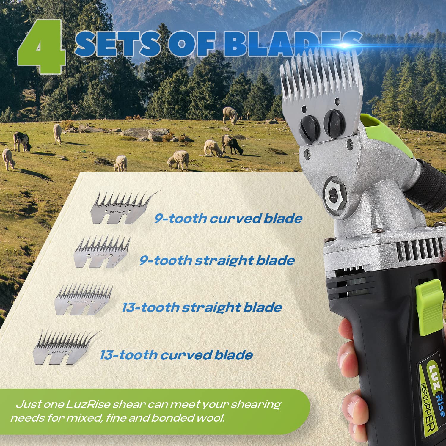 Luzrise Sheep Shears Professional 850W 2400Rpm Heavy Duty With 4 Blades (13-Teeth Straight/13-Teeth Curved/9-Teeth Straight/9-Te